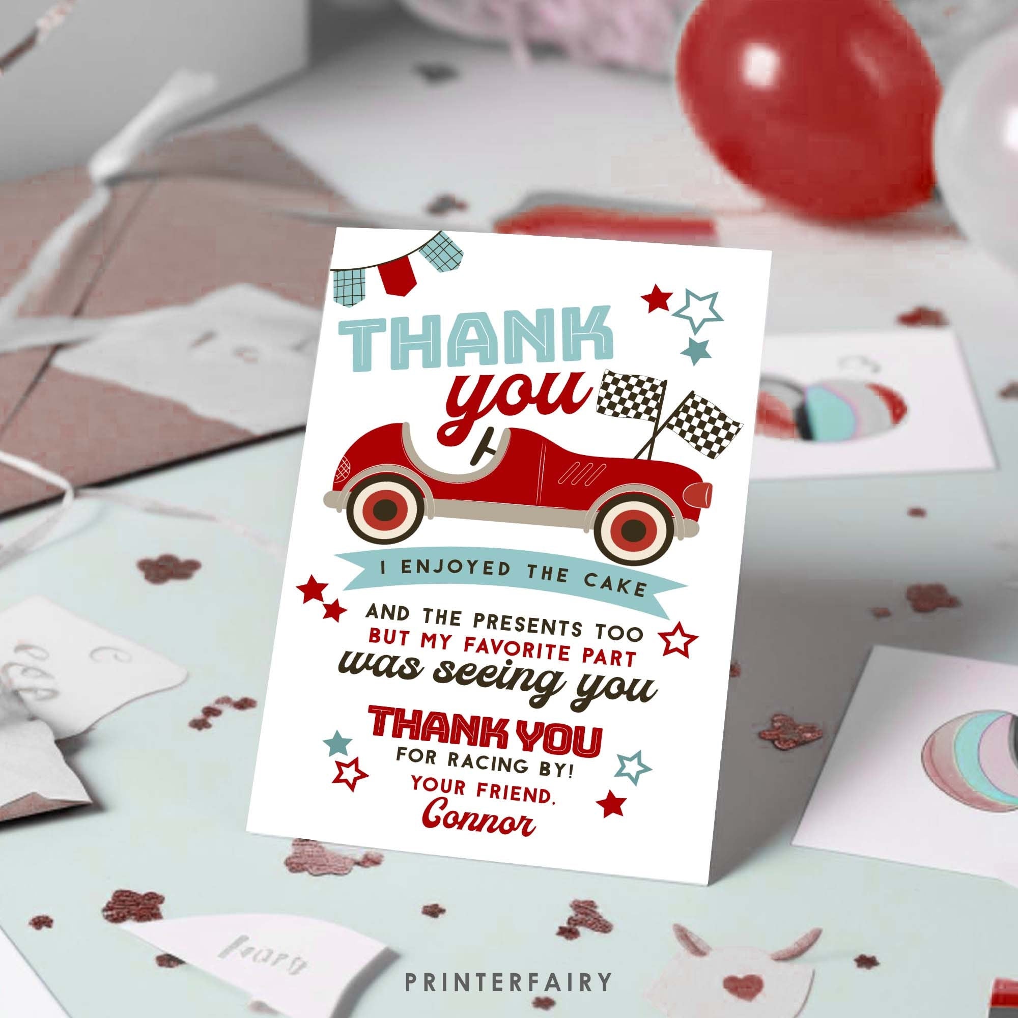Race Car Birthday Thank You Card, Editable Racing Party (Digital Item)