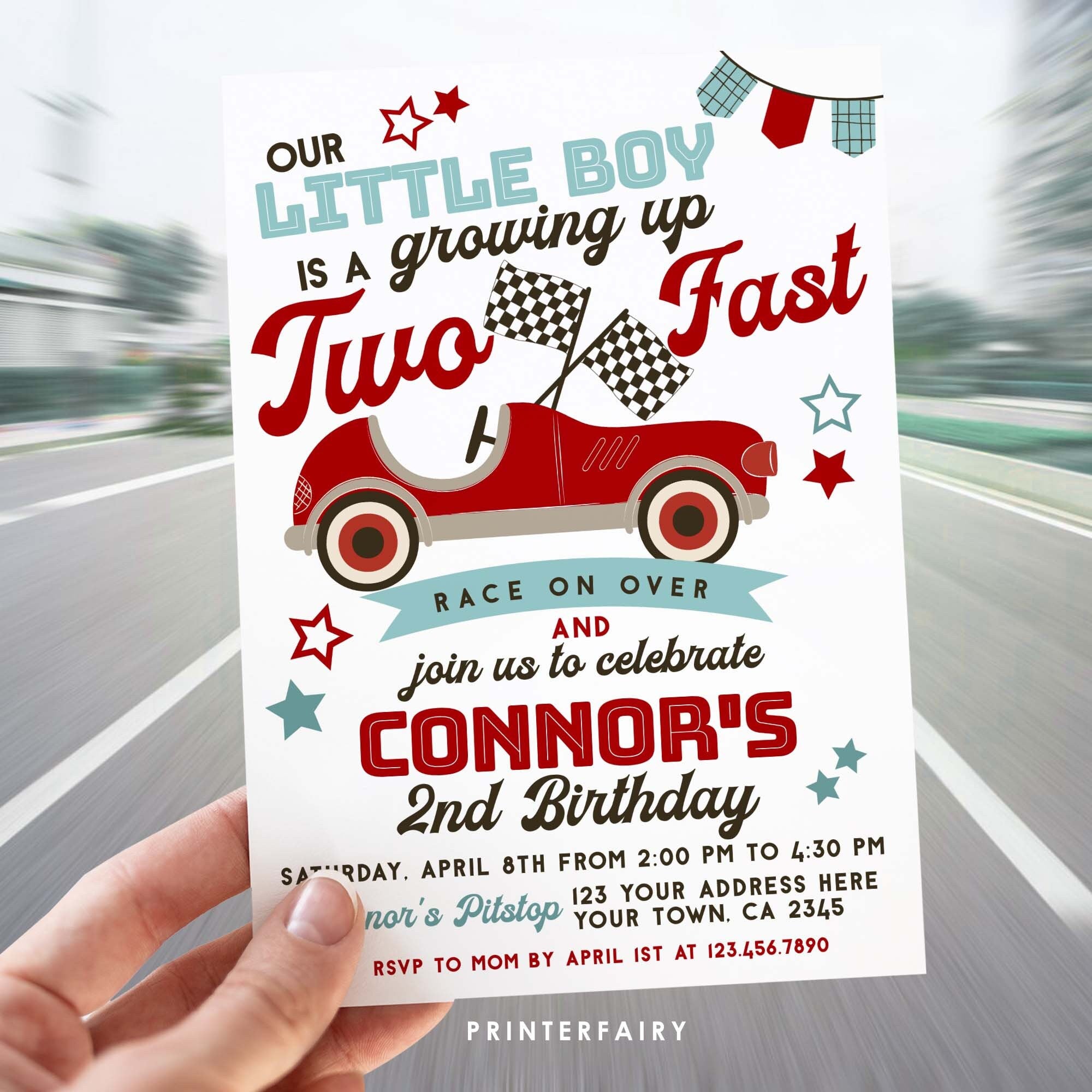 Race Car 2nd Birthday Invitation, Two Fast Party (Editable)