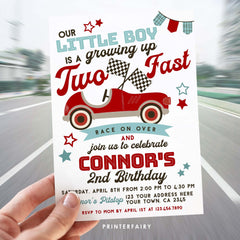 Race Car 2nd Birthday Invitation, Two Fast Party (Editable)