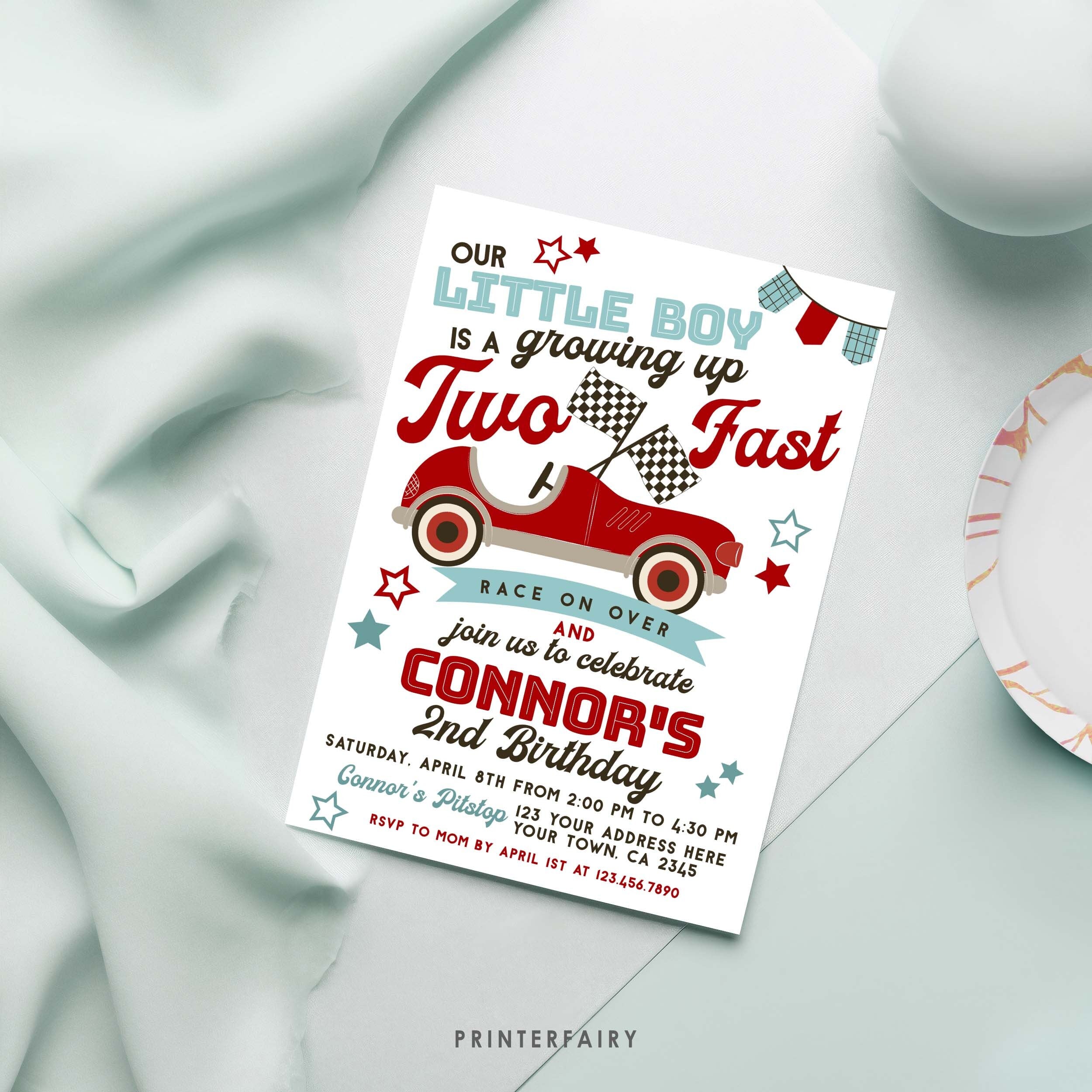 Race Car 2nd Birthday Invitation, Two Fast Party (Editable)