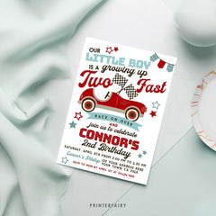 Race Car 2nd Birthday Invitation, Two Fast Party (Editable)