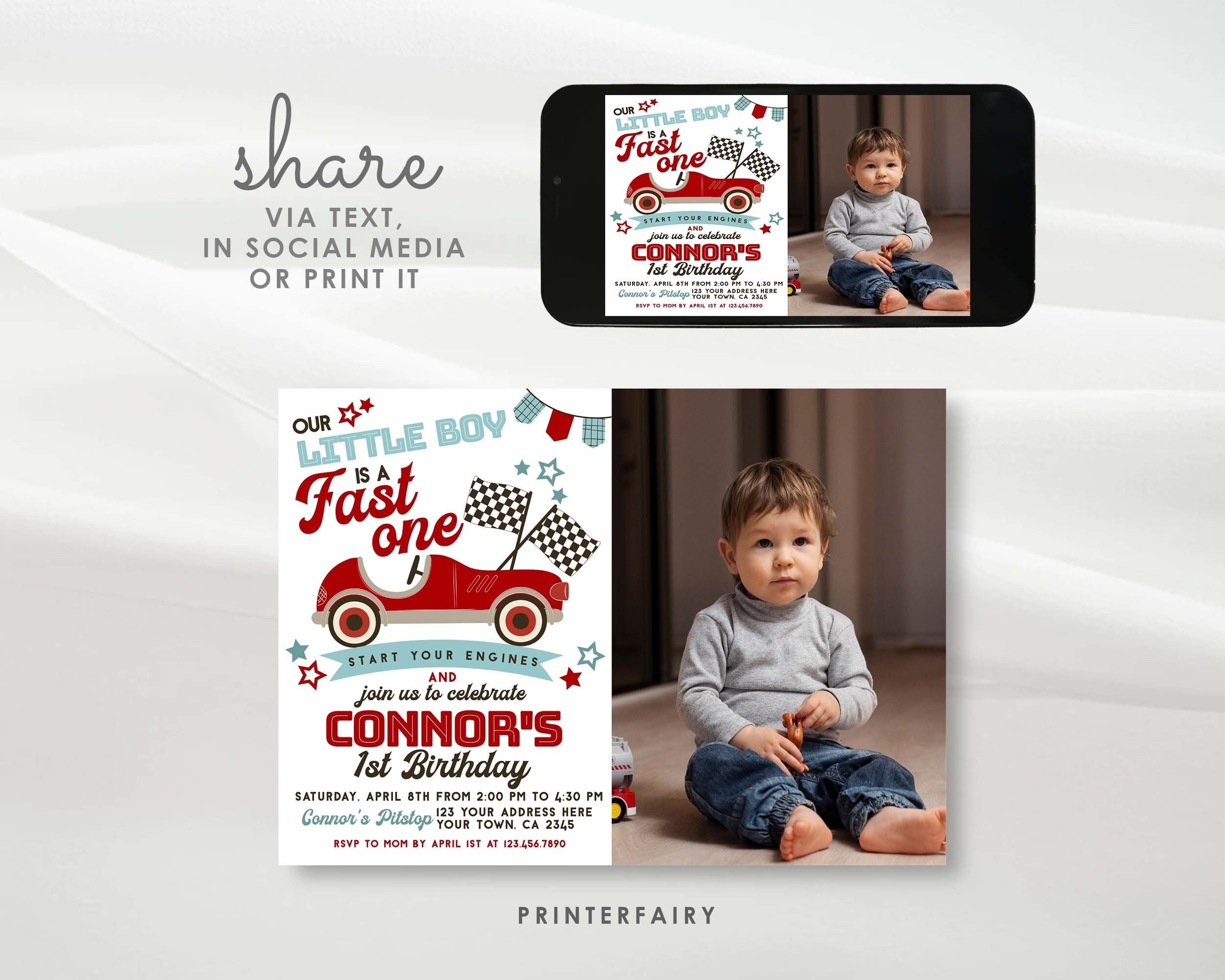 Race Car 1st Birthday Invitation with Photo, Editable (Digital Item)