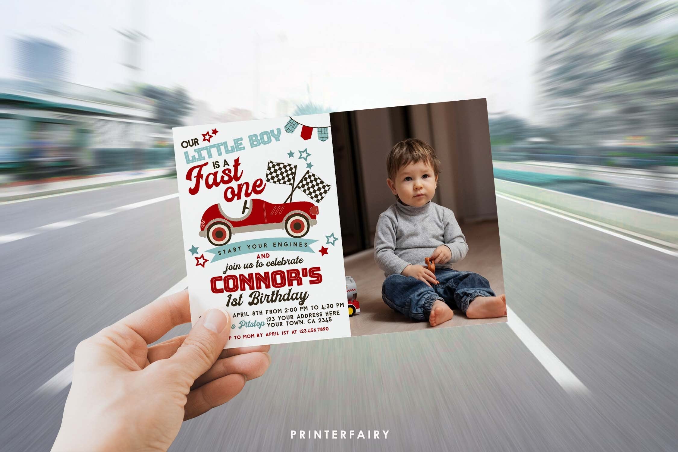Race Car 1st Birthday Invitation with Photo, Editable (Digital Item)