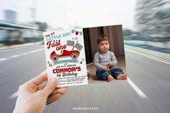Race Car 1st Birthday Invitation with Photo, Editable (Digital Item)