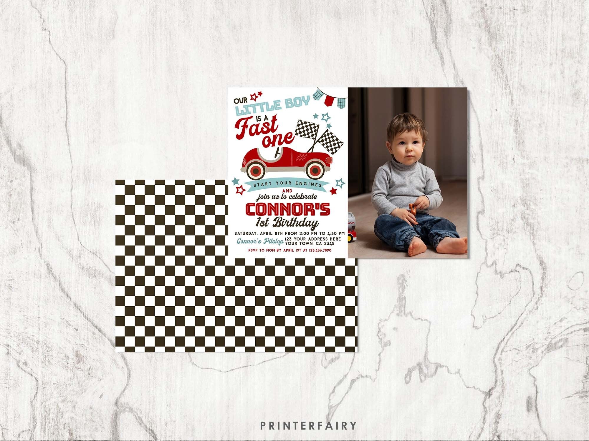 Race Car 1st Birthday Invitation with Photo, Editable (Digital Item)