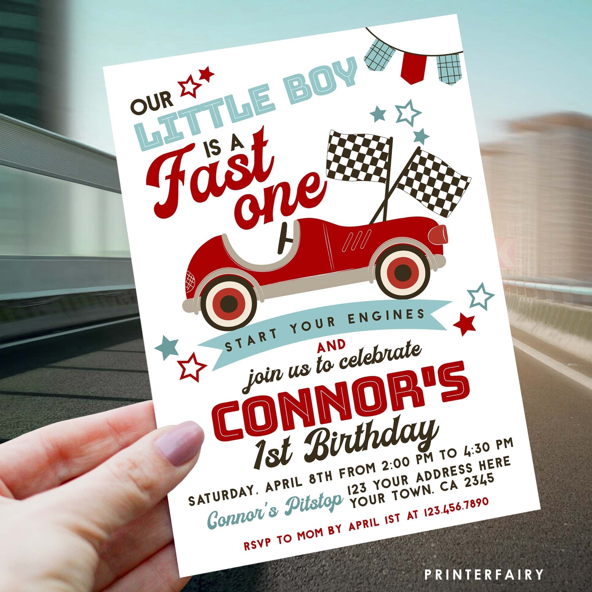 Race Car First Birthday Invitation, Fast One Editable Template (Digital Download)