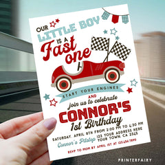 Race Car First Birthday Invitation, Fast One Editable Template (Digital Download)