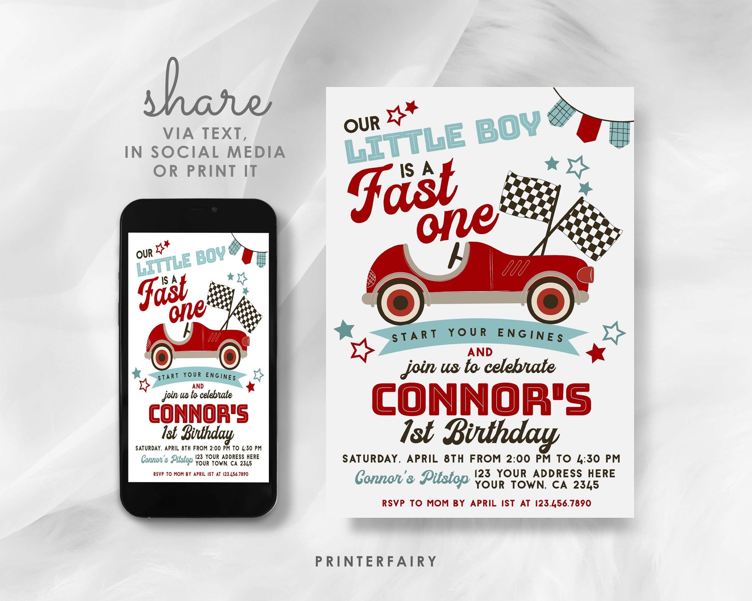 Race Car First Birthday Invitation, Fast One Editable Template (Digital Download)