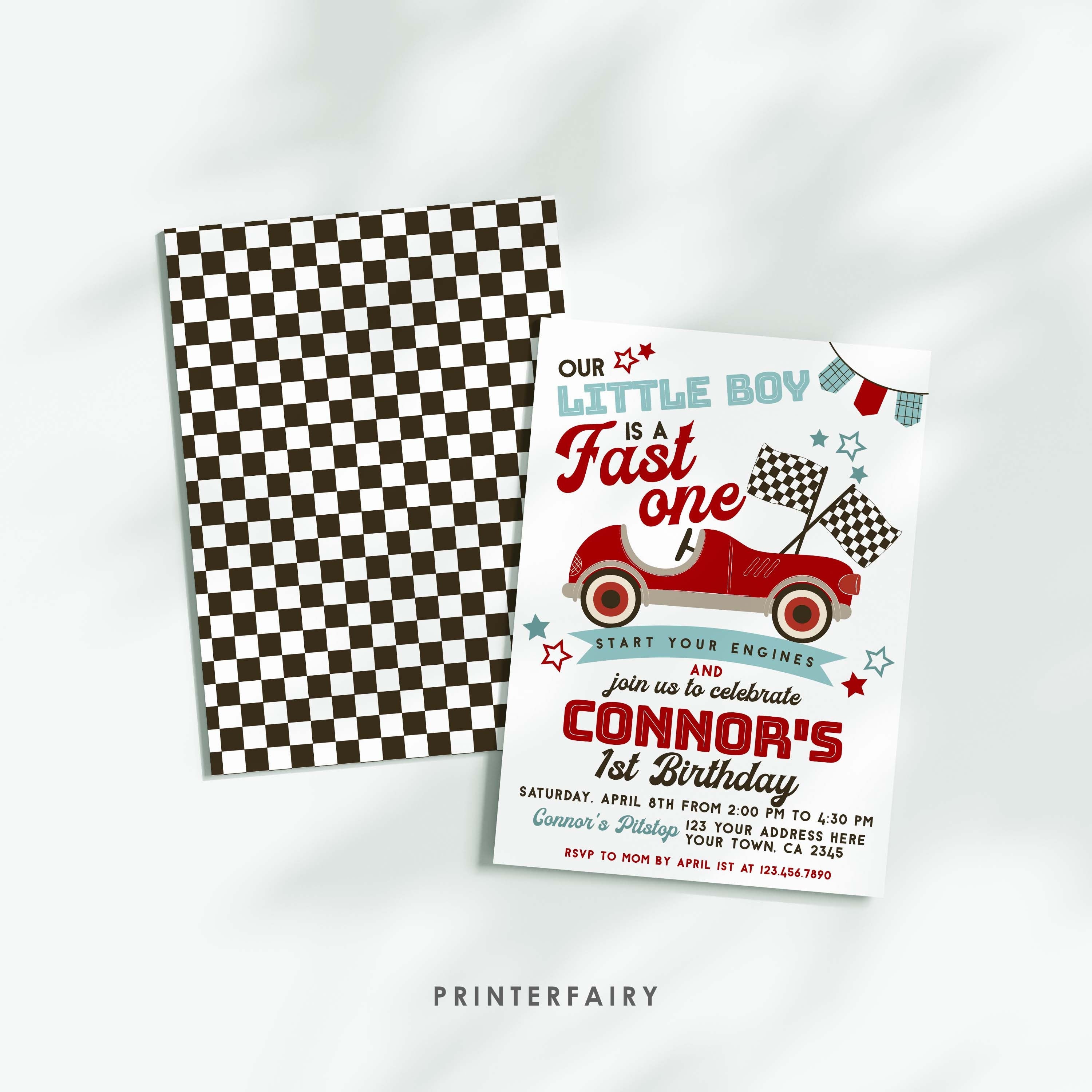 Race Car First Birthday Invitation, Fast One Editable Template (Digital Download)
