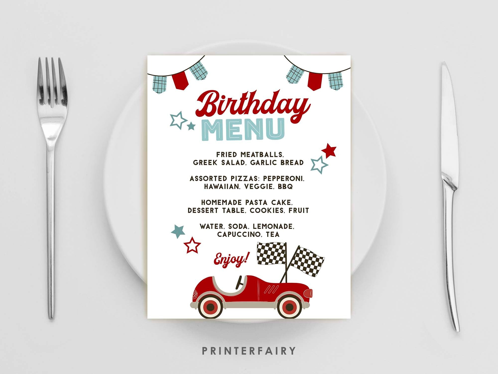Race Car Birthday Party Menu, EDITABLE dinner sign, Racing Car Party, Racing Party Decorations, Racing Car Birthday Party, Printable Menu
