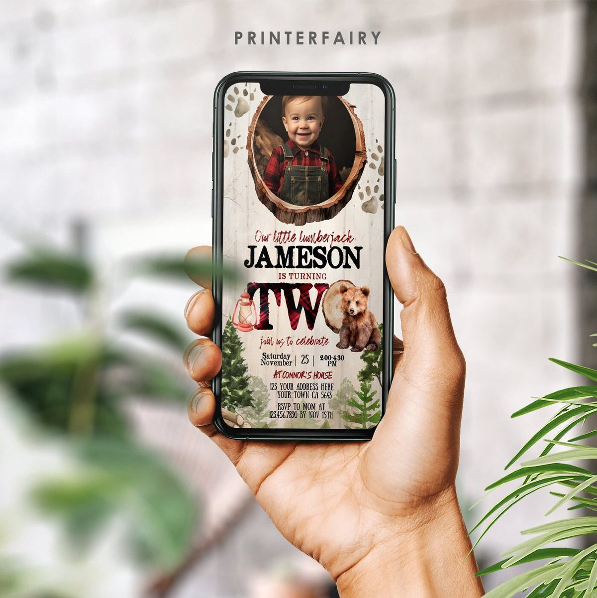 Lumberjack Bear 2nd Birthday evite, Editable Birthday Invitation, Instant Download