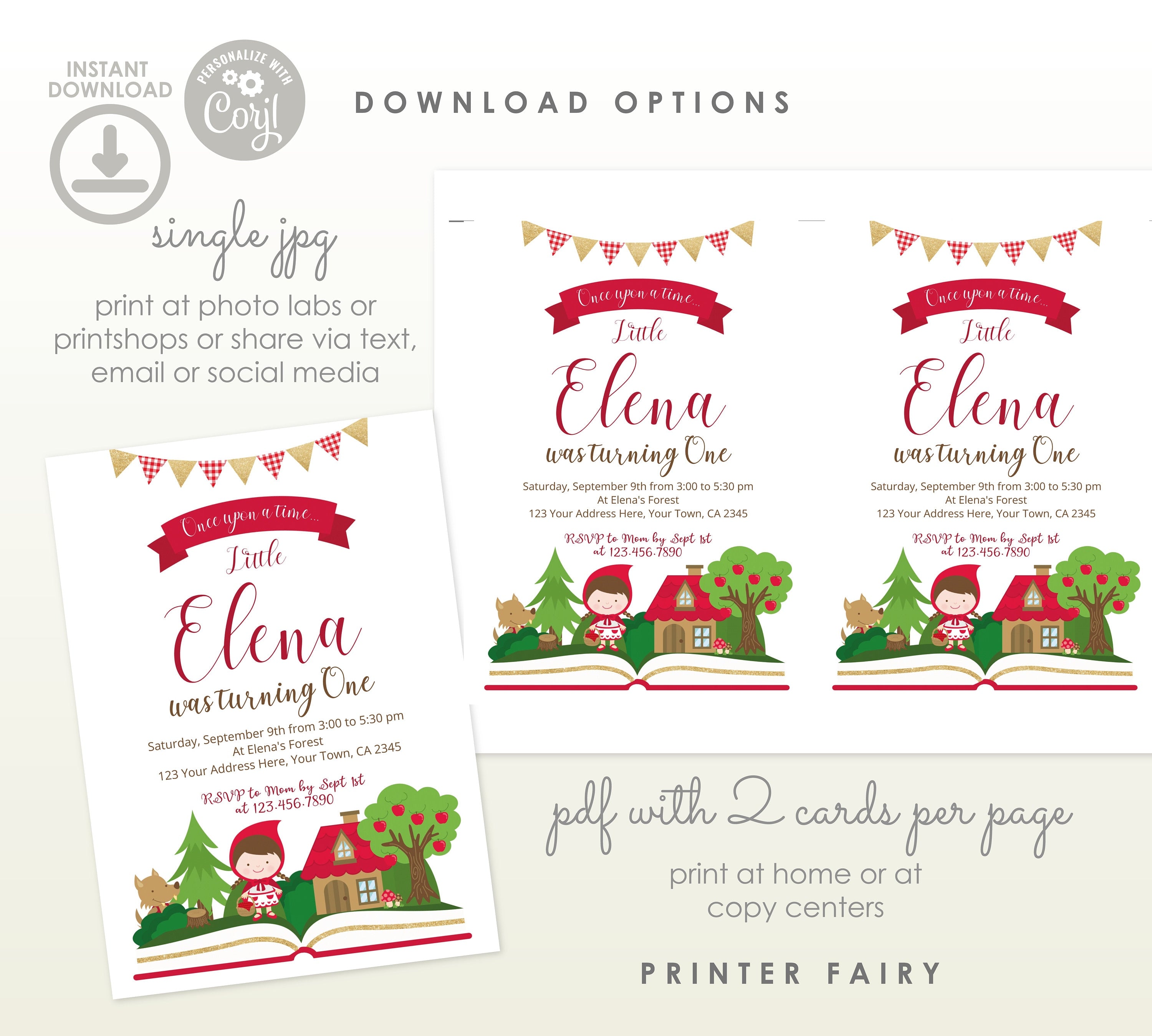 Little Red Riding Hood Birthday Invitation, Storybook Party (Editable, Instant Download)