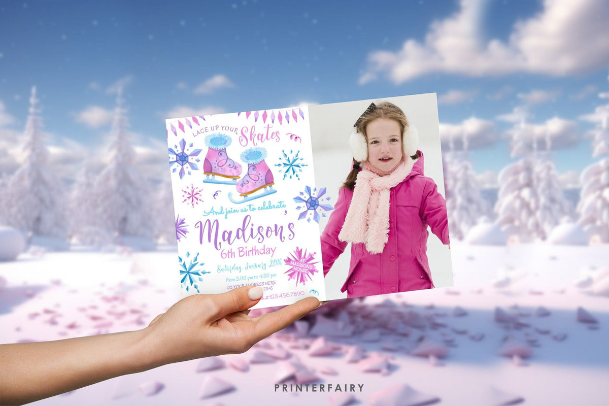Ice Skating Birthday Party Invitation with Photo, Winter Wonderland Invite (Digital Download)