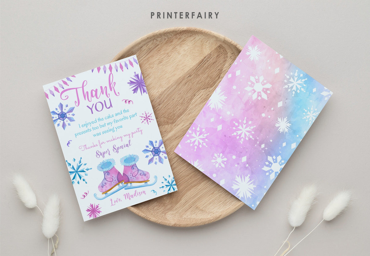 Ice Skating Thank You Card, Winter Wonderland, Snowflake Birthday (Printable, Instant Download)
