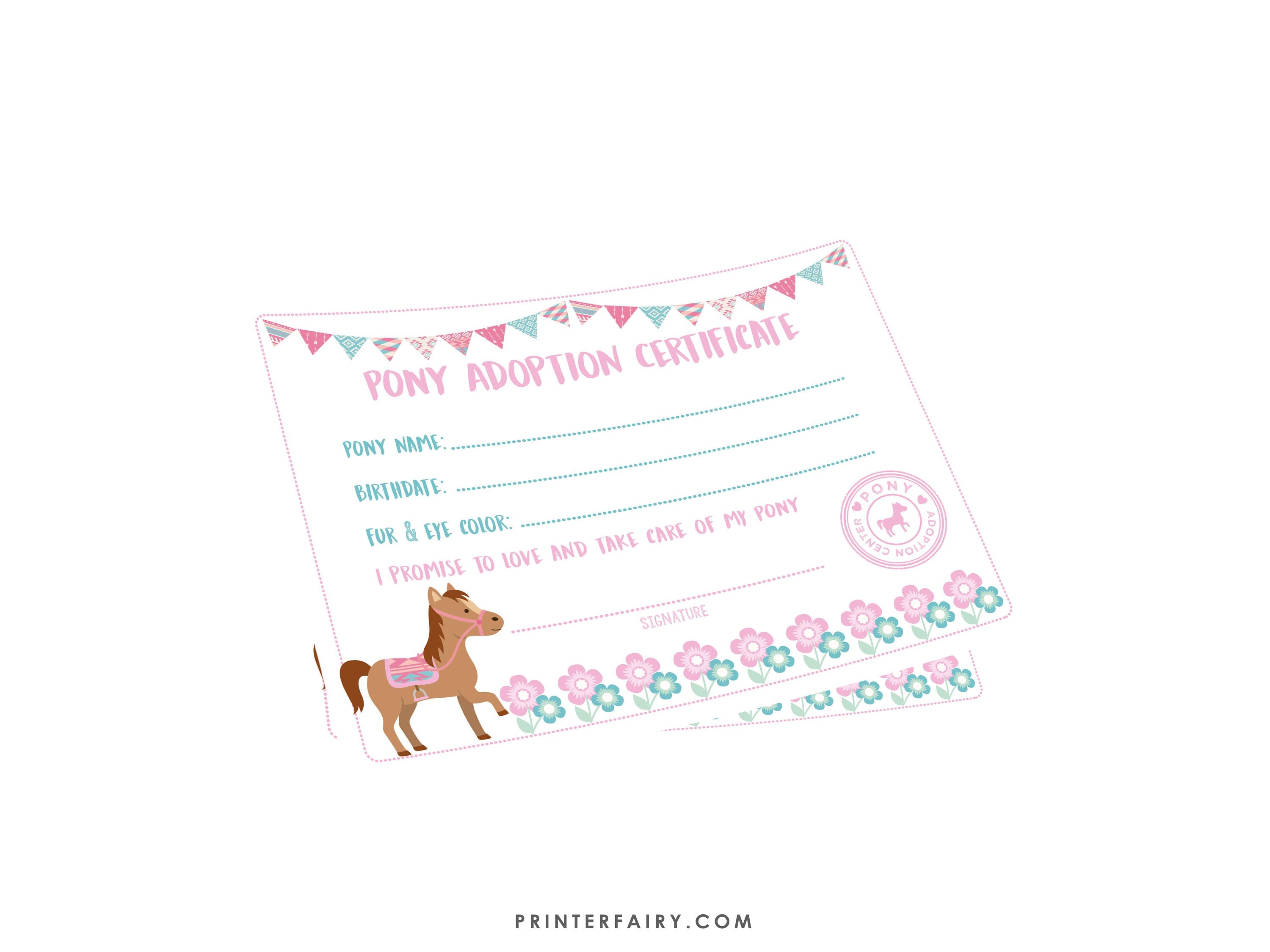 Pony Birthday Party Printables, Horse Adoption Certificate (Instant Download)