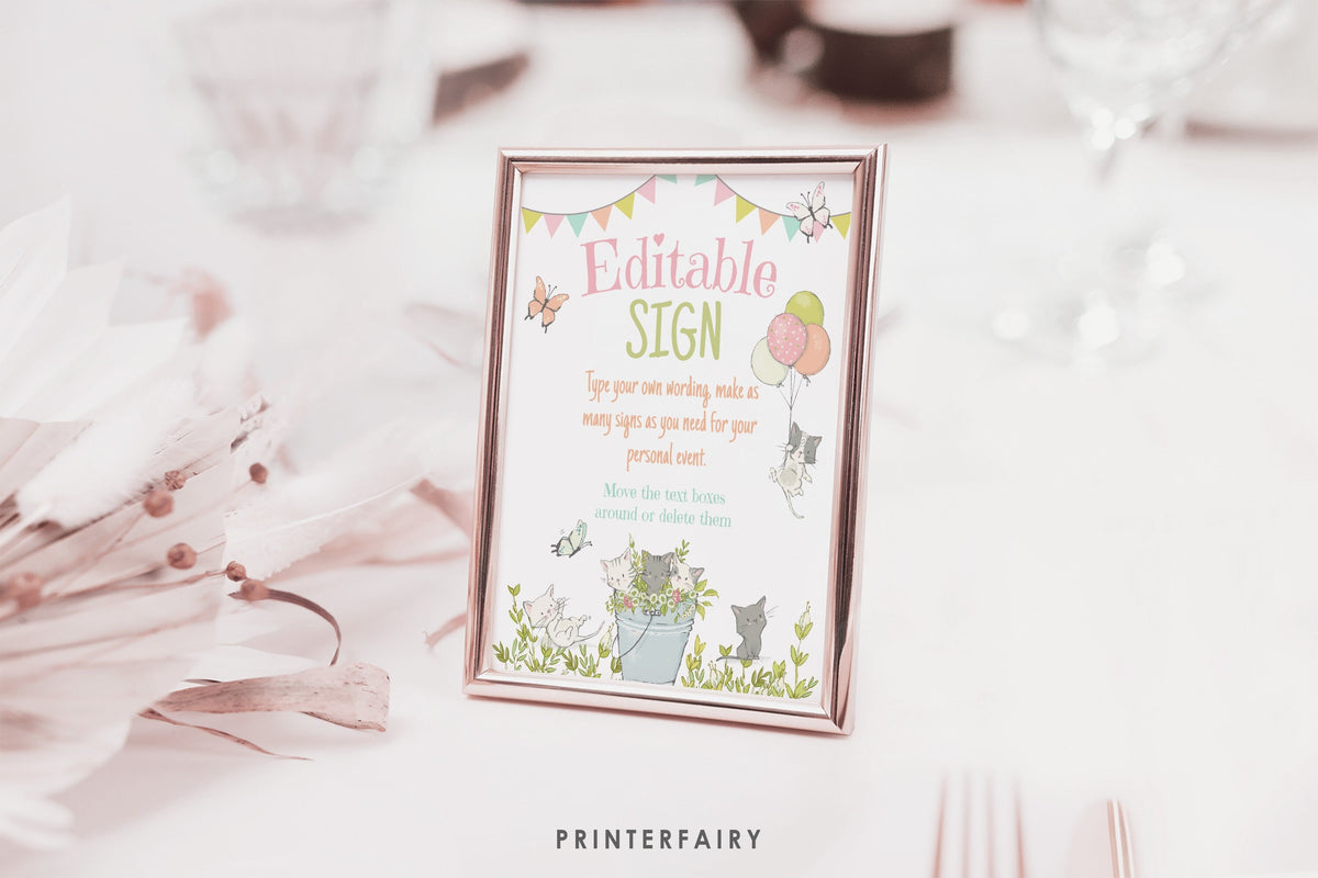 Kitty Cat Birthday Sign, Kitten Garden Party Decor (Editable)