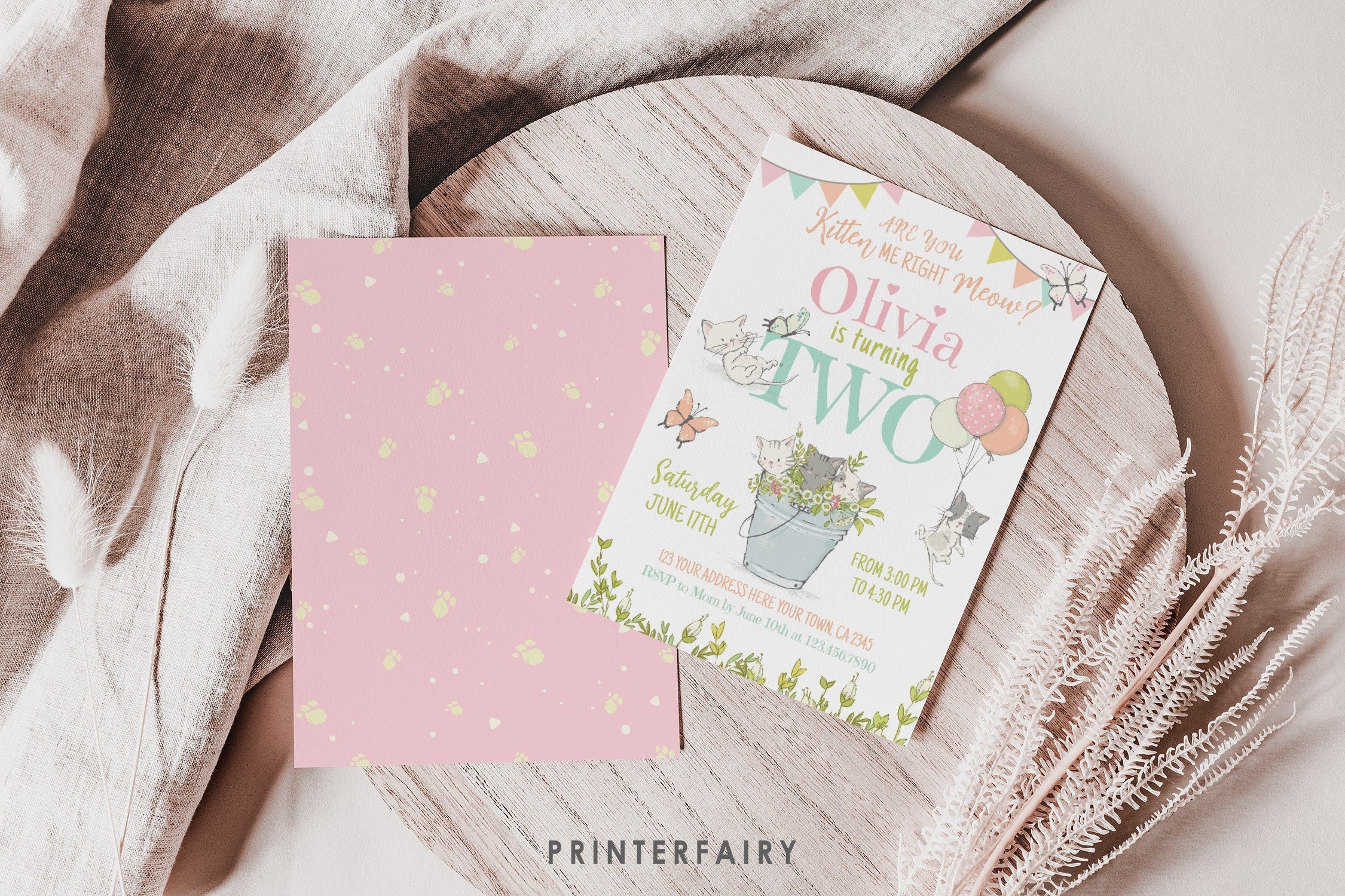 Kitty Cat 2nd Birthday Invitation, Kitten Garden Party (Editable Digital Template)