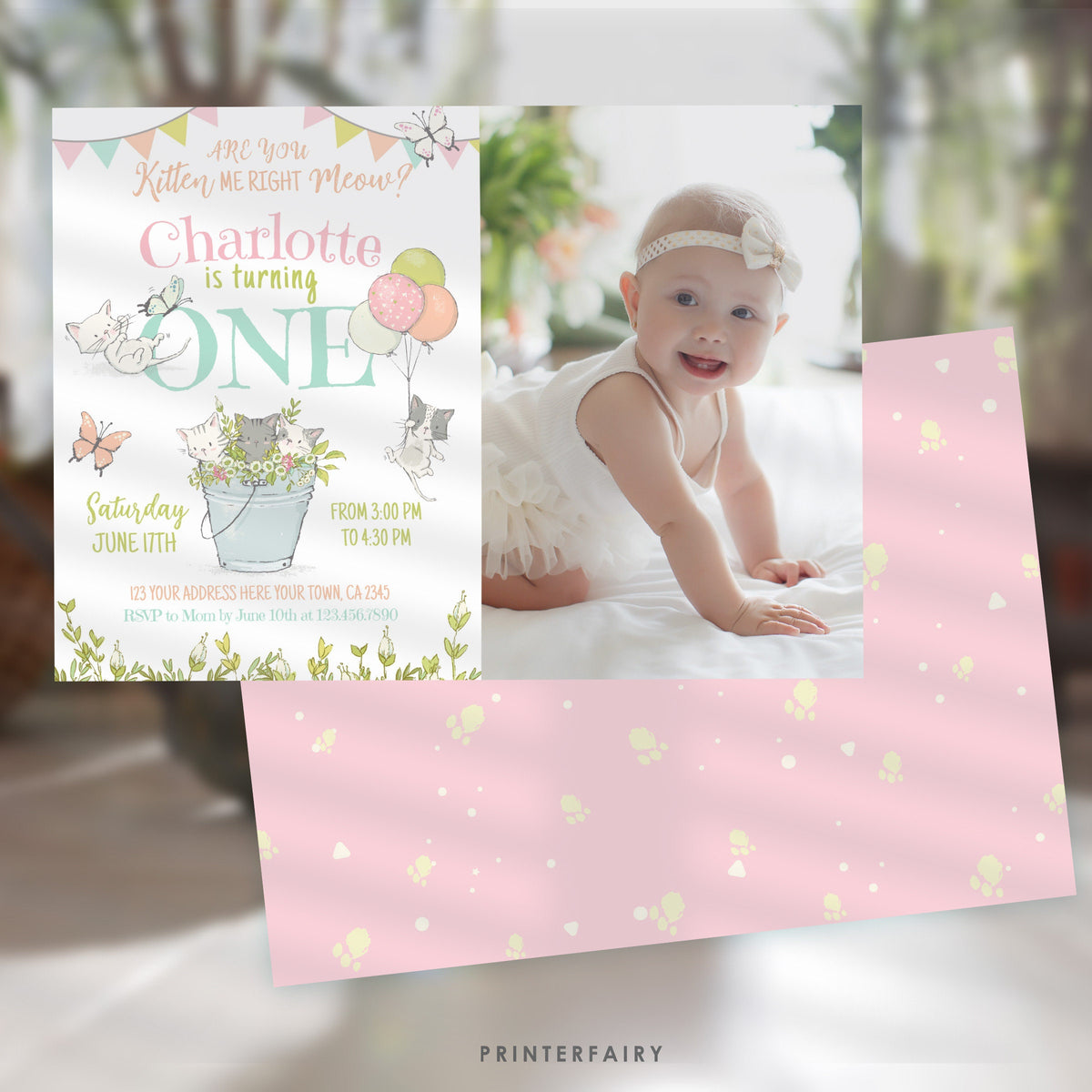 Kitty Cat First Birthday Invitation with Photo, Kitten Garden Party (Printable)