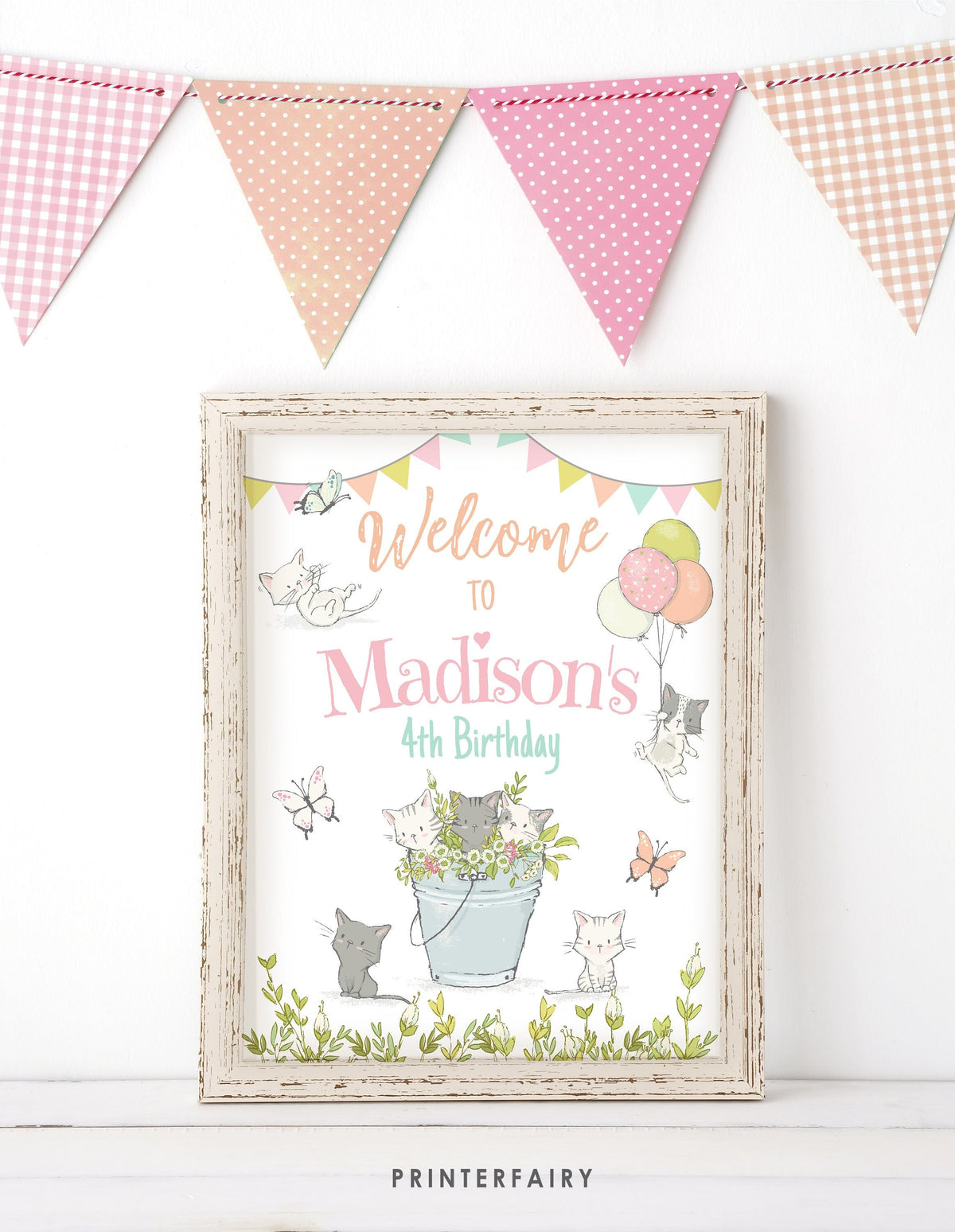 Kitten Garden Birthday Welcome Sign, Editable Cat Party Decor (Printable)