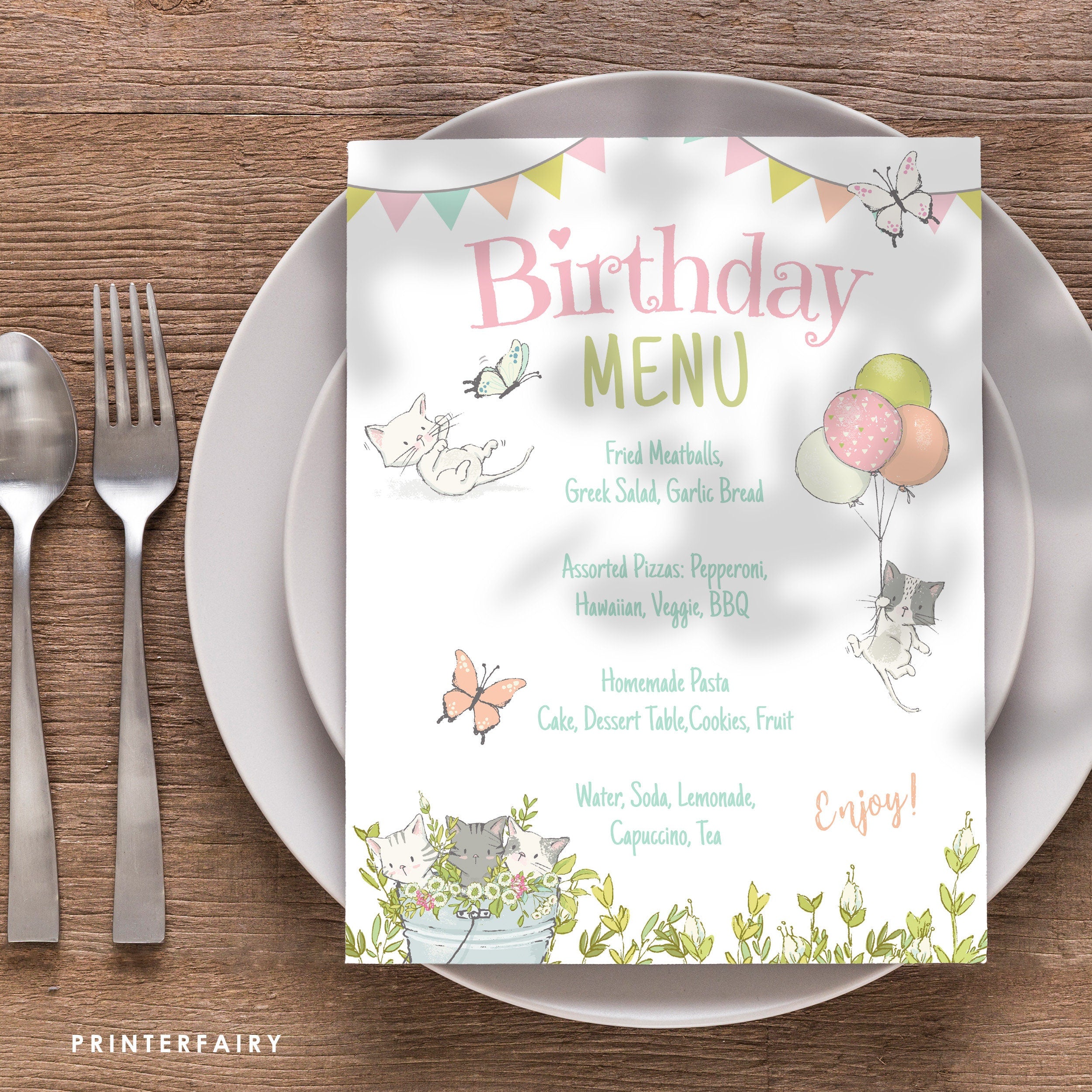 Kitty Cat Birthday Menu, Kitten Garden Party, Editable Food Sign (Digital Download)
