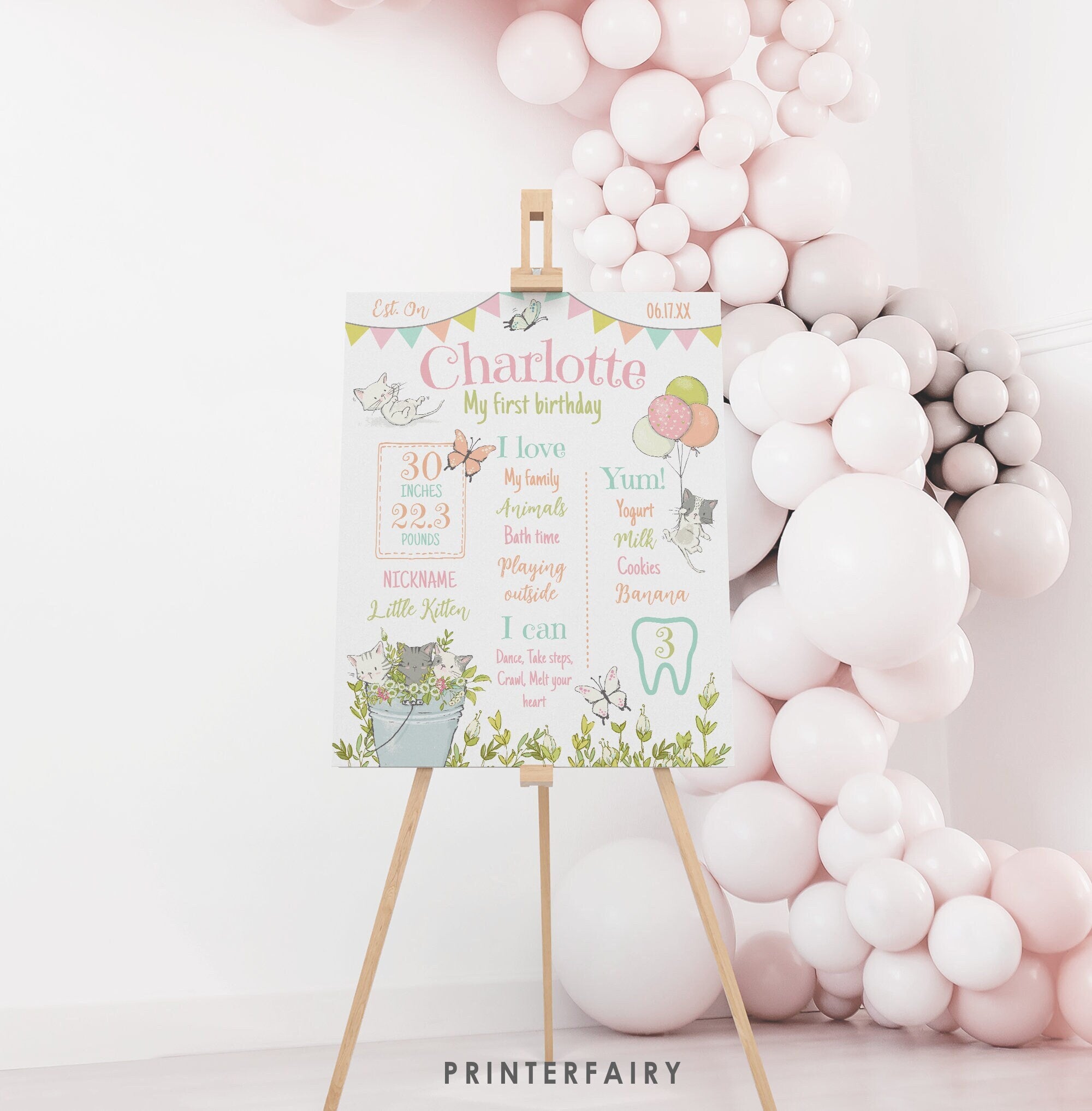 Kitten Garden First Birthday Board, Editable Milestones Sign (Digital Download)