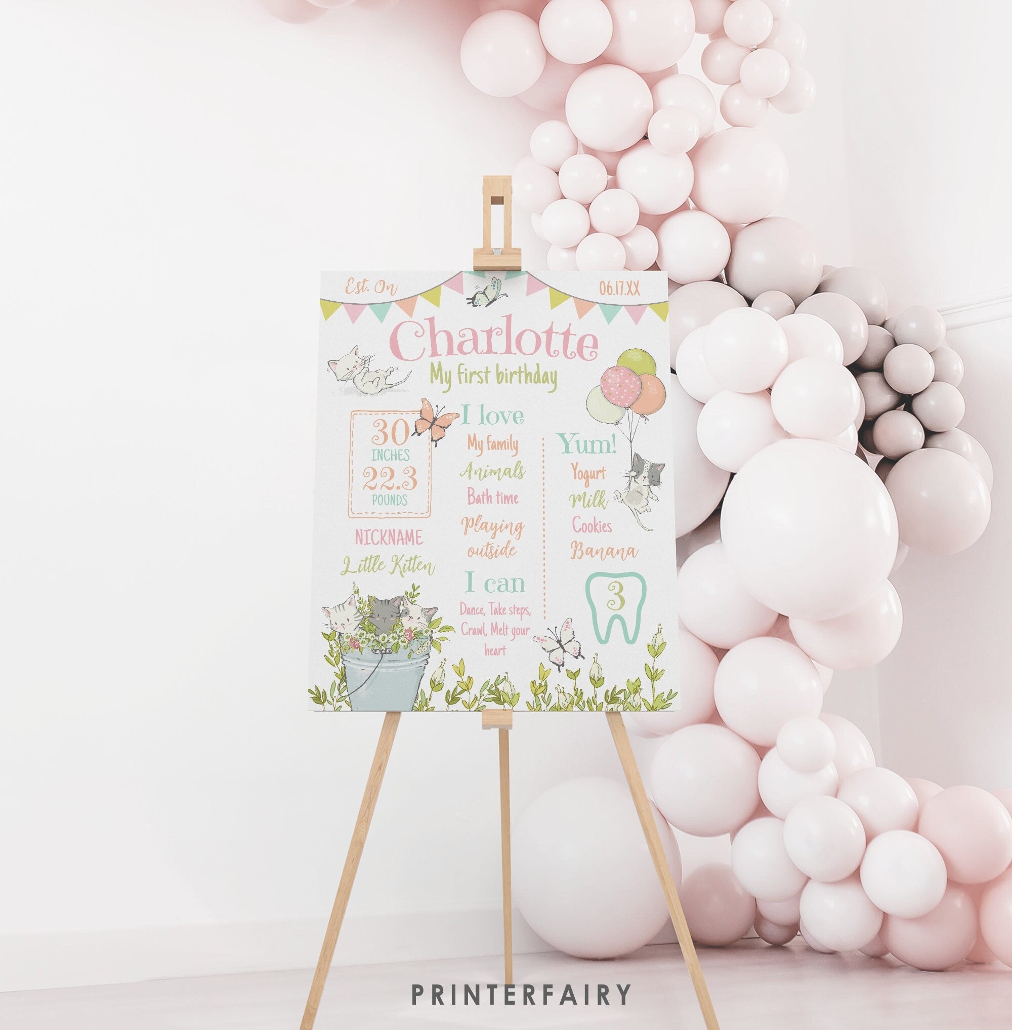 Kitten Garden First Birthday Board, Editable Milestones Sign (Digital Download)