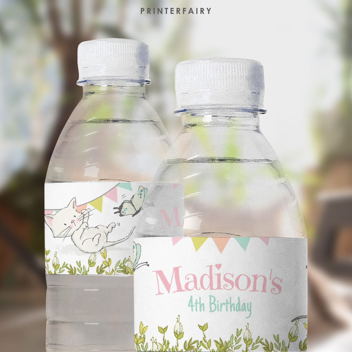 Kitten Garden Birthday Party Water Bottle Label, Editable (Digital)