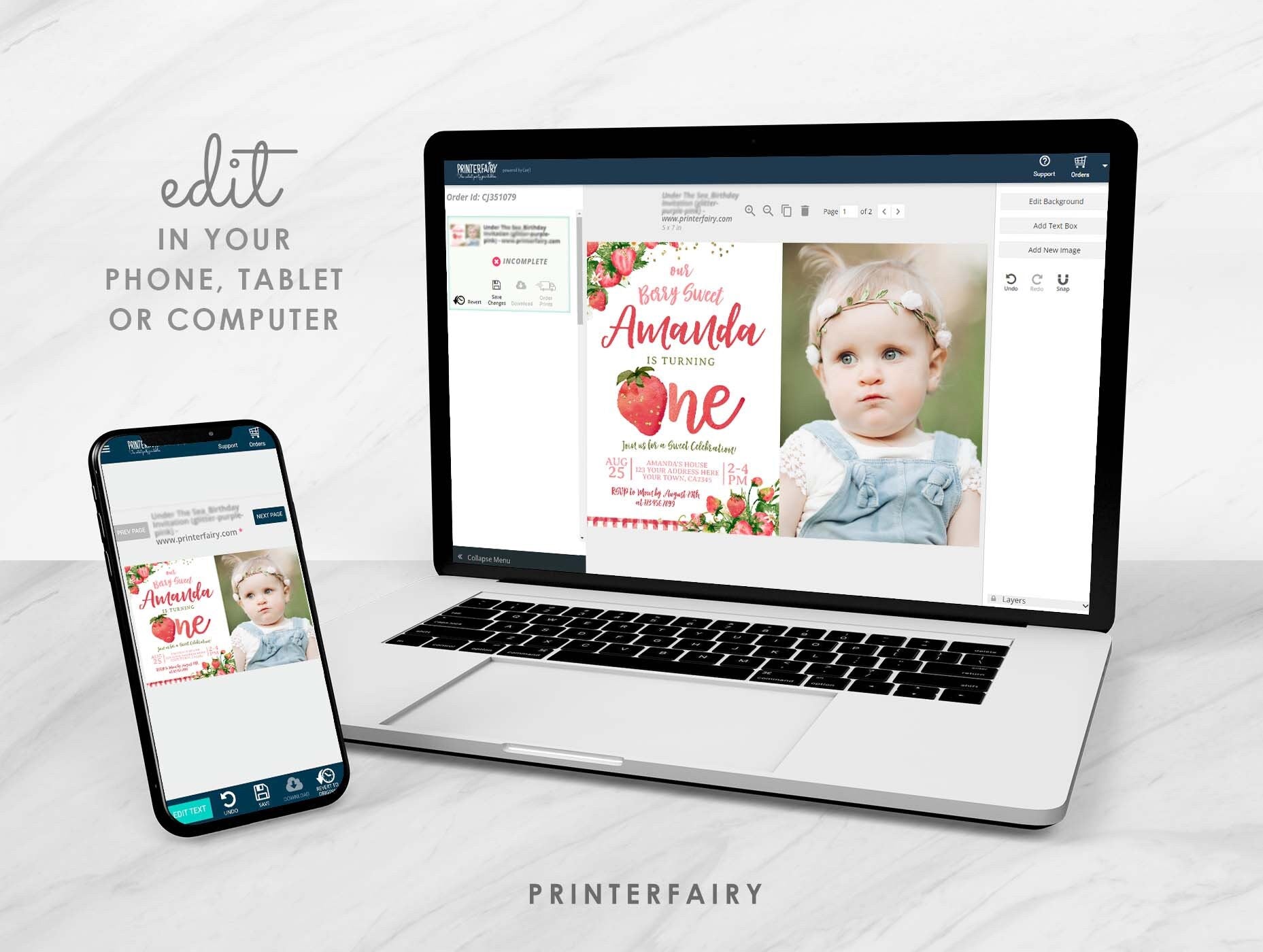Strawberry First Birthday Invitation with photo EDITABLE Template INSTANT DOWNLOAD