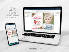 Strawberry First Birthday Invitation with photo EDITABLE Template INSTANT DOWNLOAD