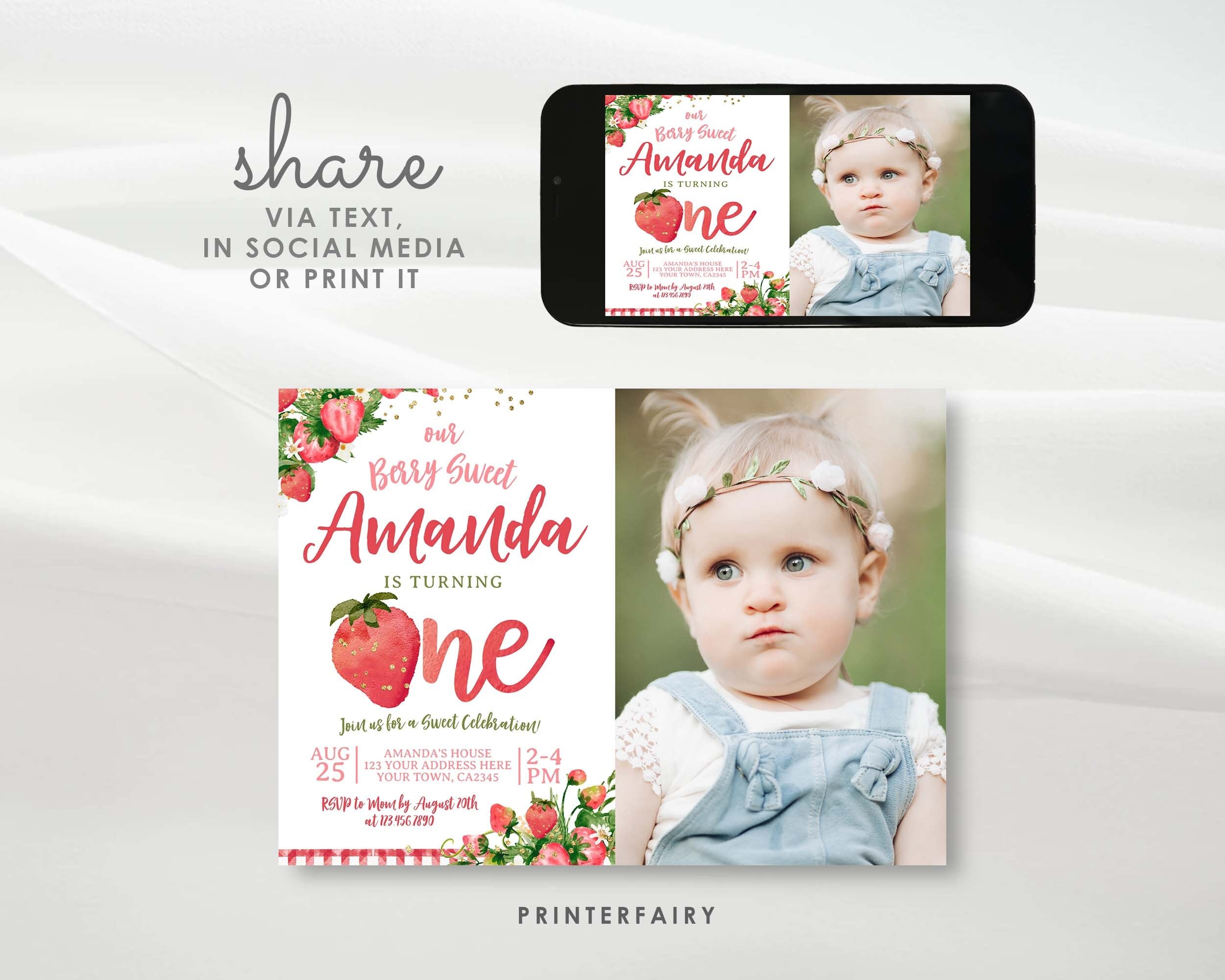 Strawberry First Birthday Invitation with photo EDITABLE Template INSTANT DOWNLOAD