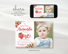 Strawberry First Birthday Invitation with photo EDITABLE Template INSTANT DOWNLOAD