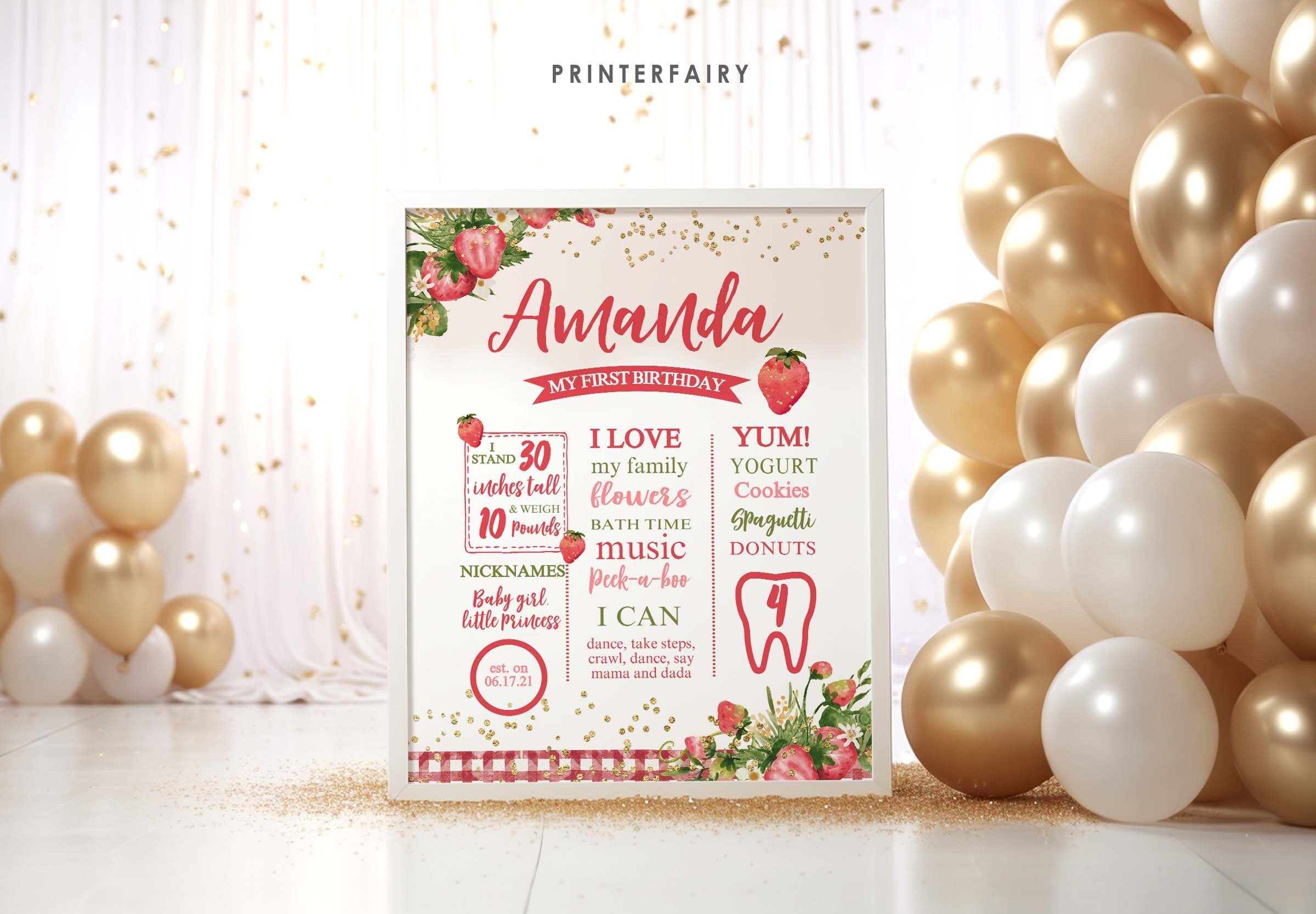 Strawberry First Birthday Milestone Board, Fruit Party Sign (Instant Download)