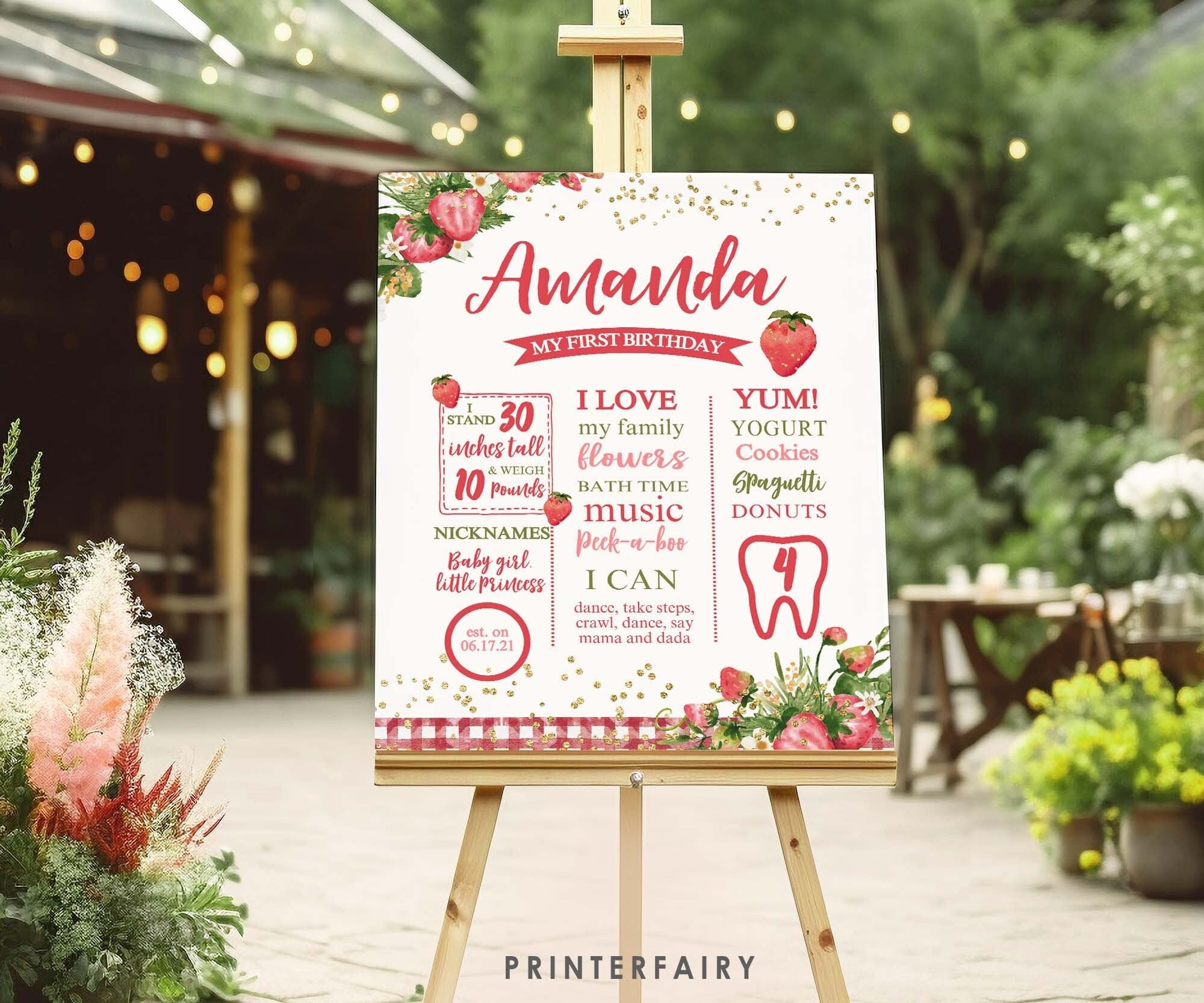 Strawberry First Birthday Milestone Board, Fruit Party Sign (Instant Download)