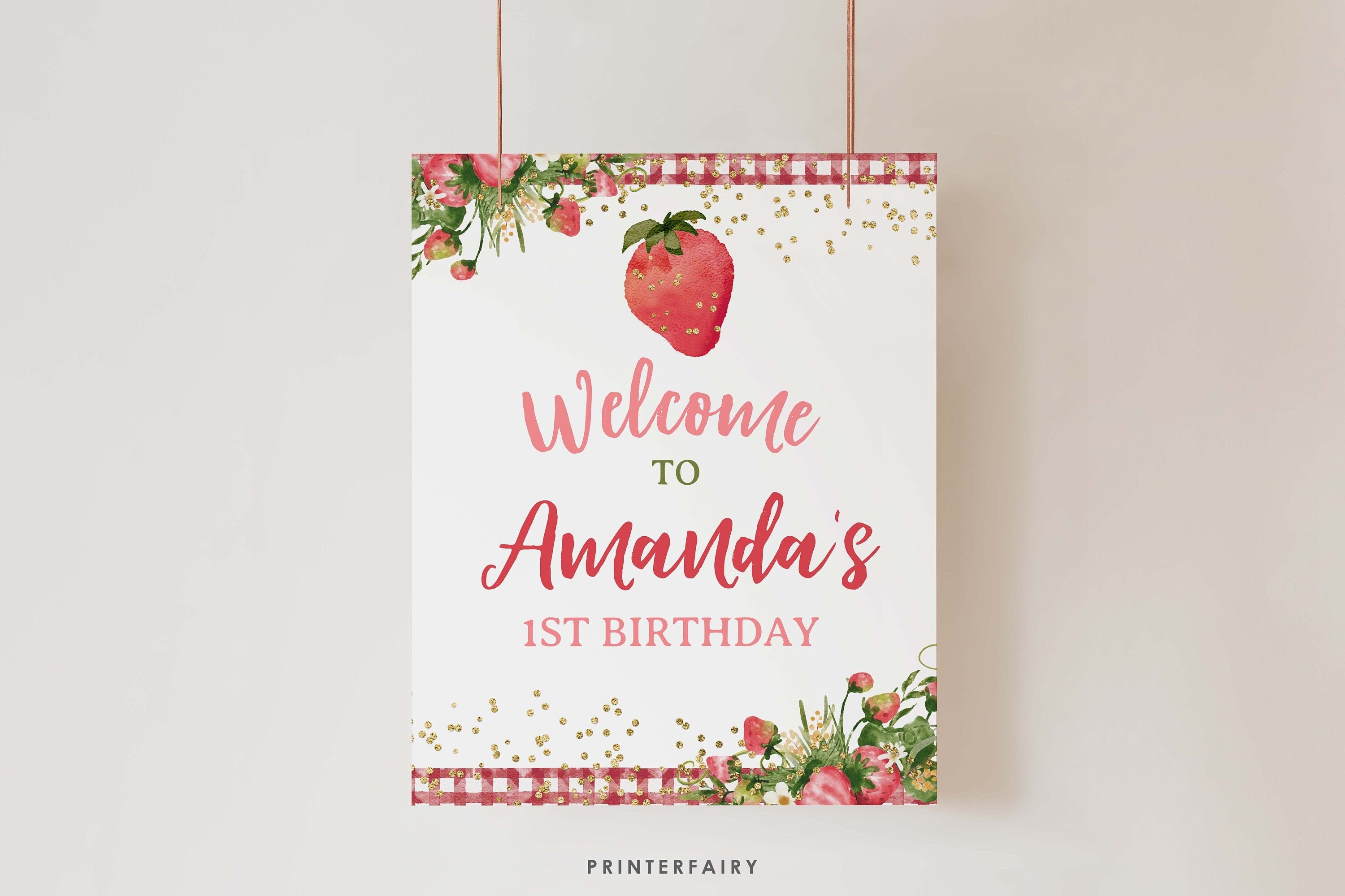 Strawberry Welcome Sign, Fruit Birthday Party Decor (Digital Download)