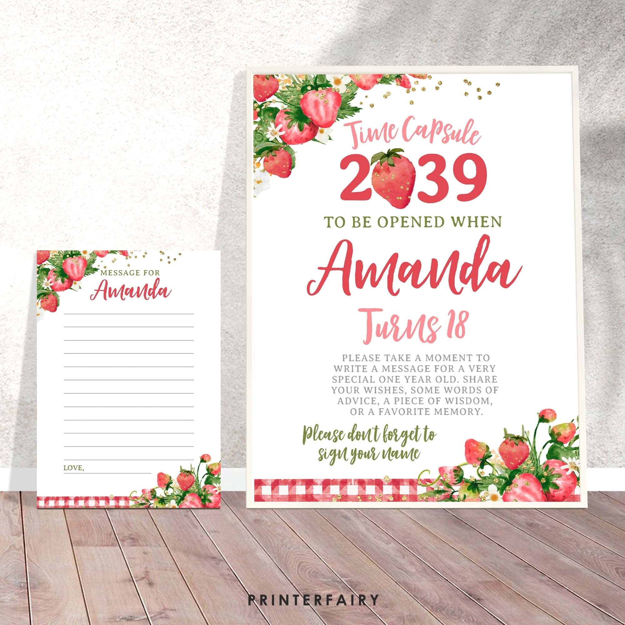 Strawberry Time Capsule Sign, Editable Berry 1st Birthday Party (Digital Download)