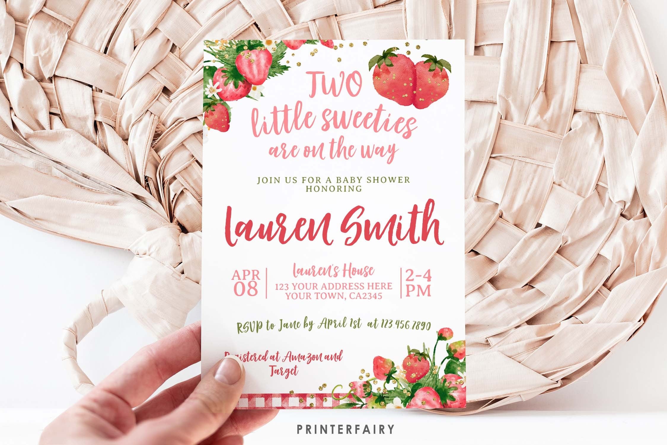 Strawberry Baby Shower Invitation, Editable "Berry Sweet" Template (Digital Download)