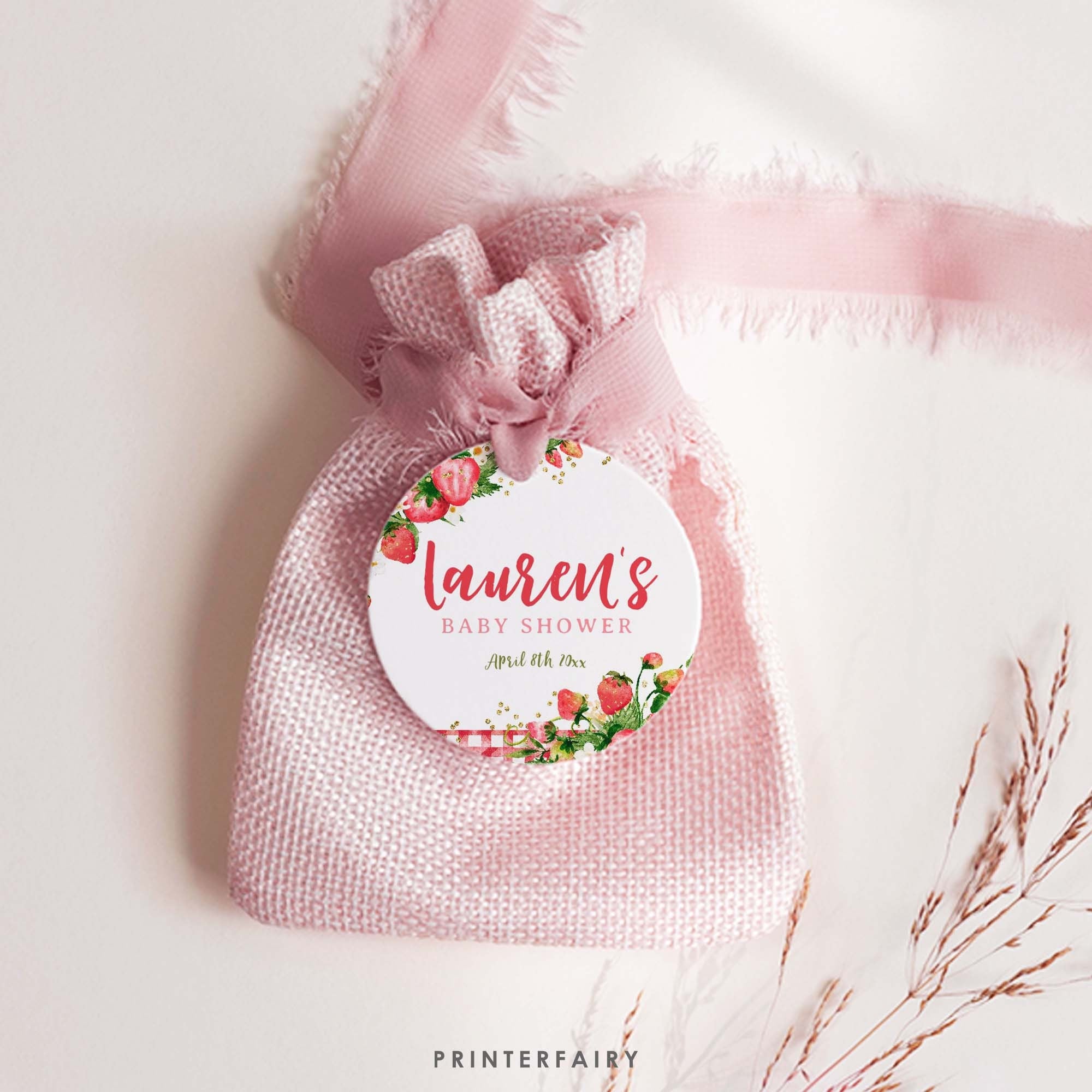 Strawberry Baby Shower Cupcake Toppers, Editable Round Labels (Digital Download)