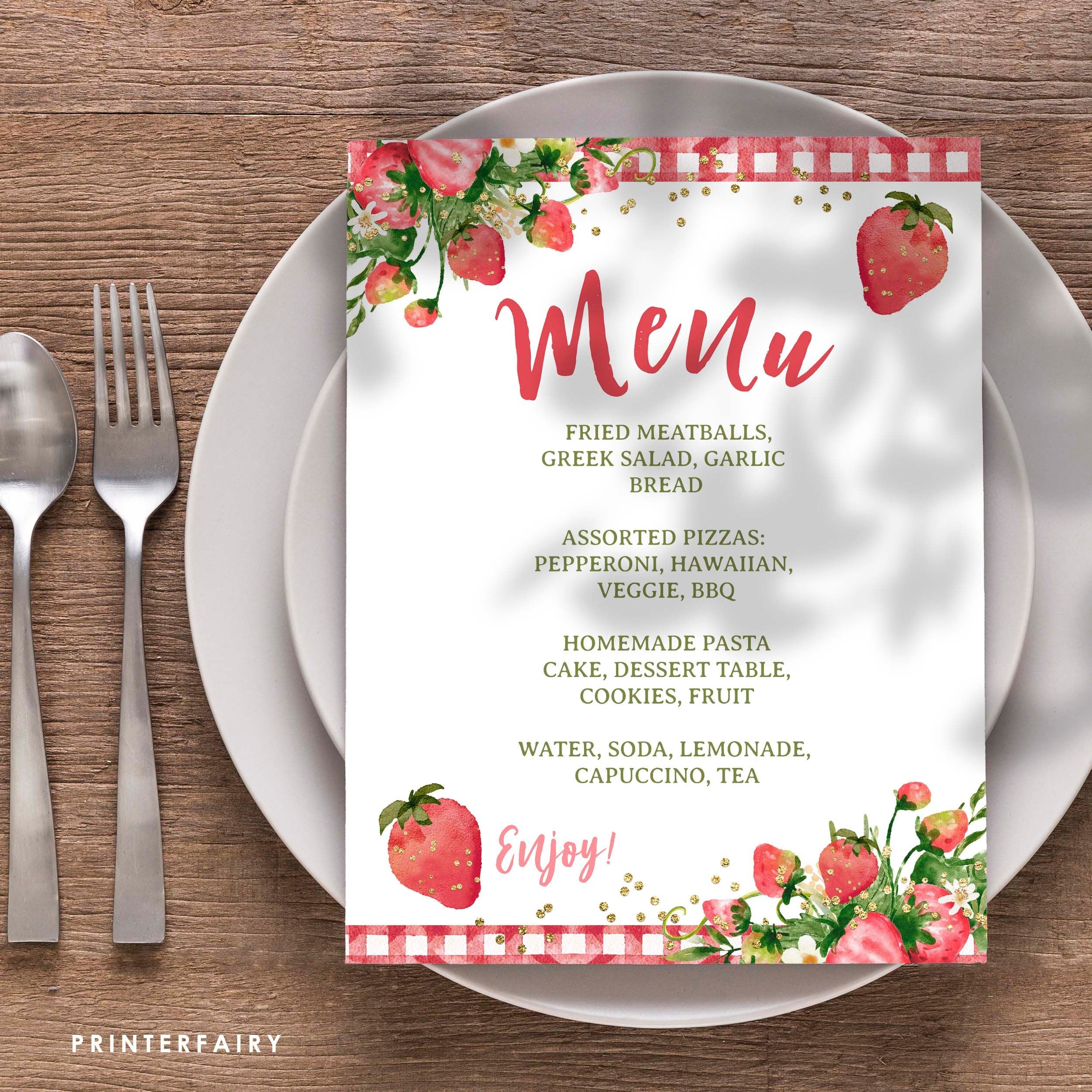 Strawberry Baby Shower Menu Sign Editable Template INSTANT DOWNLOAD