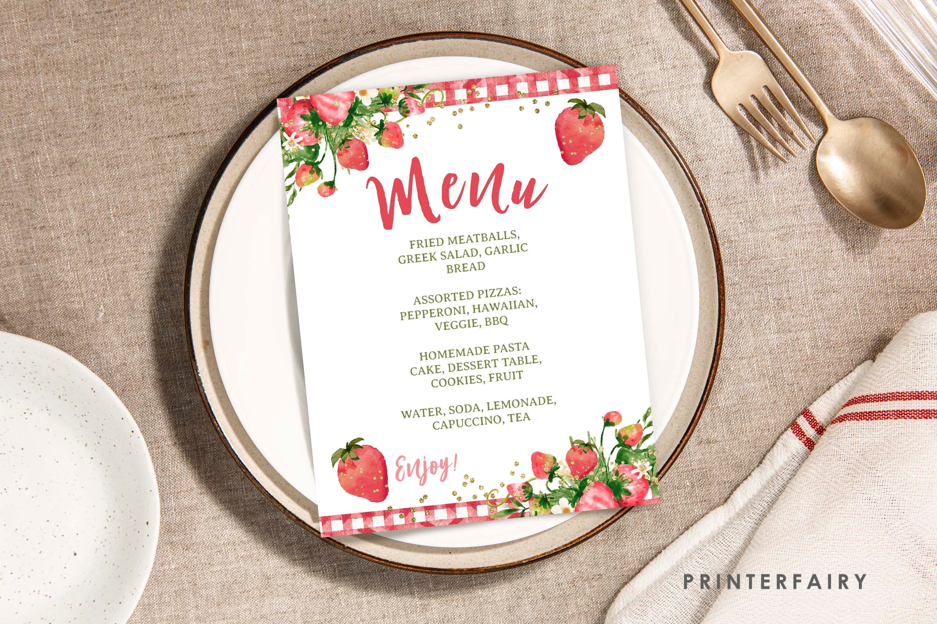 Strawberry Baby Shower Menu Sign Editable Template INSTANT DOWNLOAD