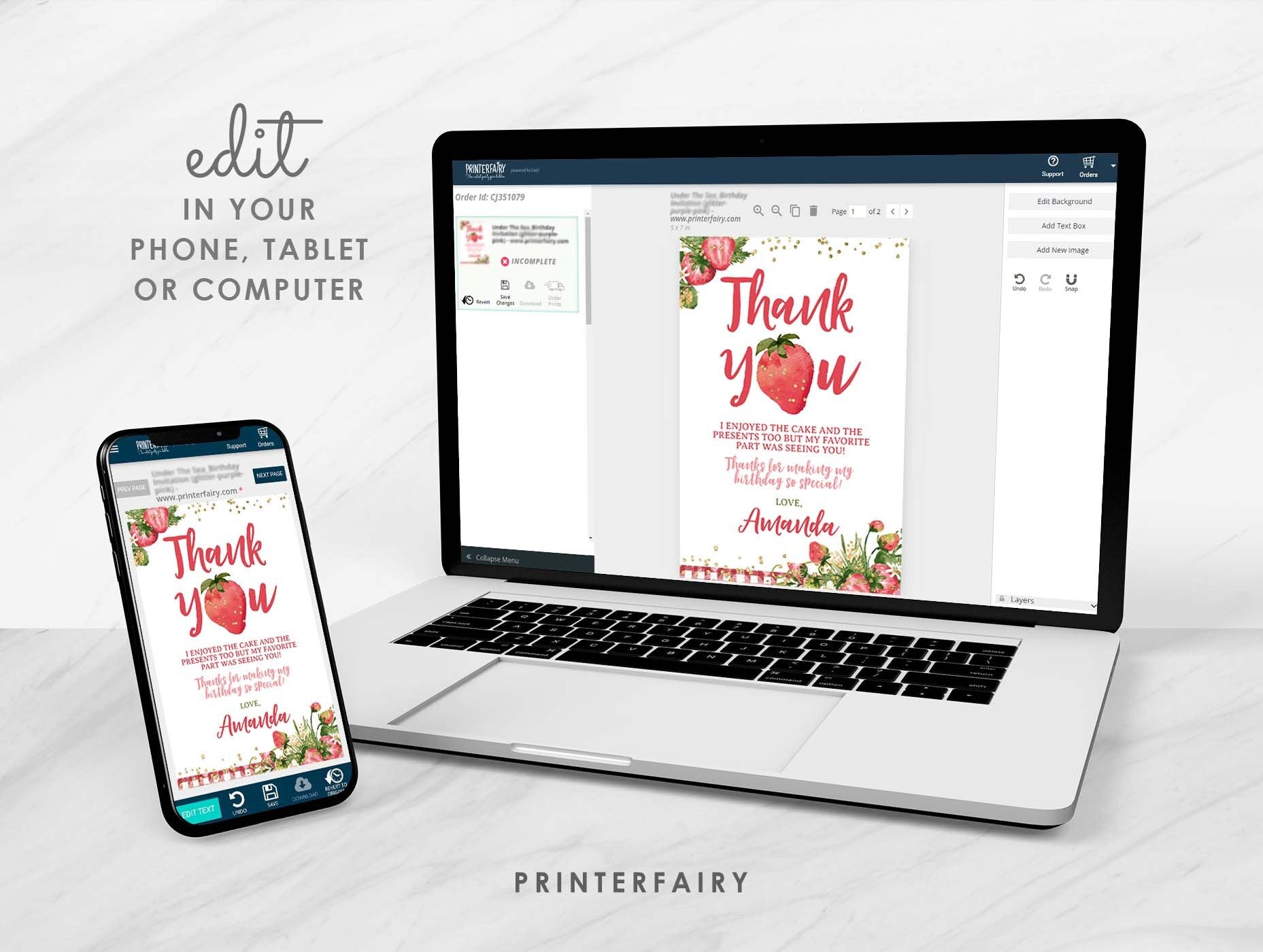 Strawberry Thank You Cards, Fruit Birthday Party, Editable Notes (Digital Download)