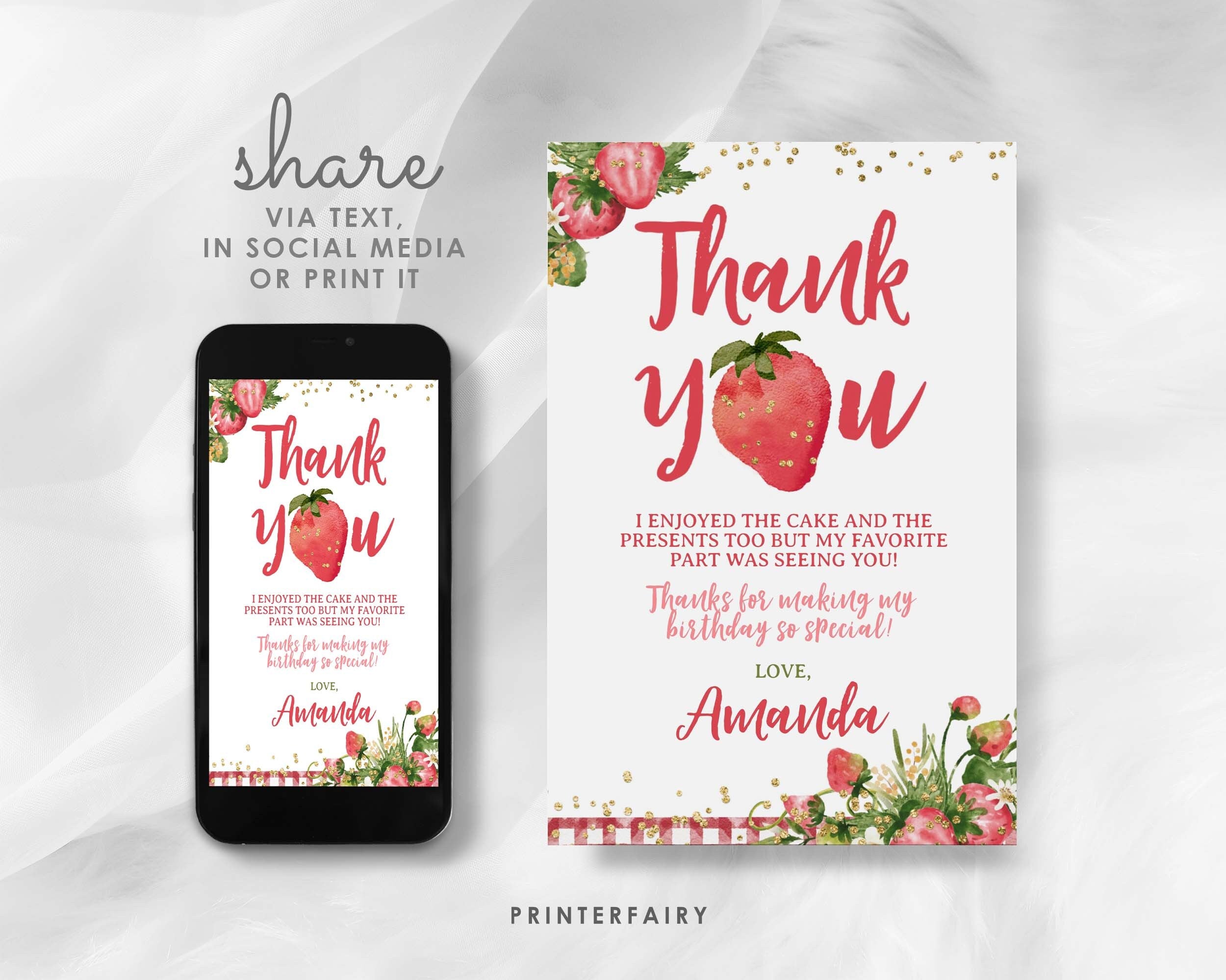 Strawberry Thank You Cards, Fruit Birthday Party, Editable Notes (Digital Download)