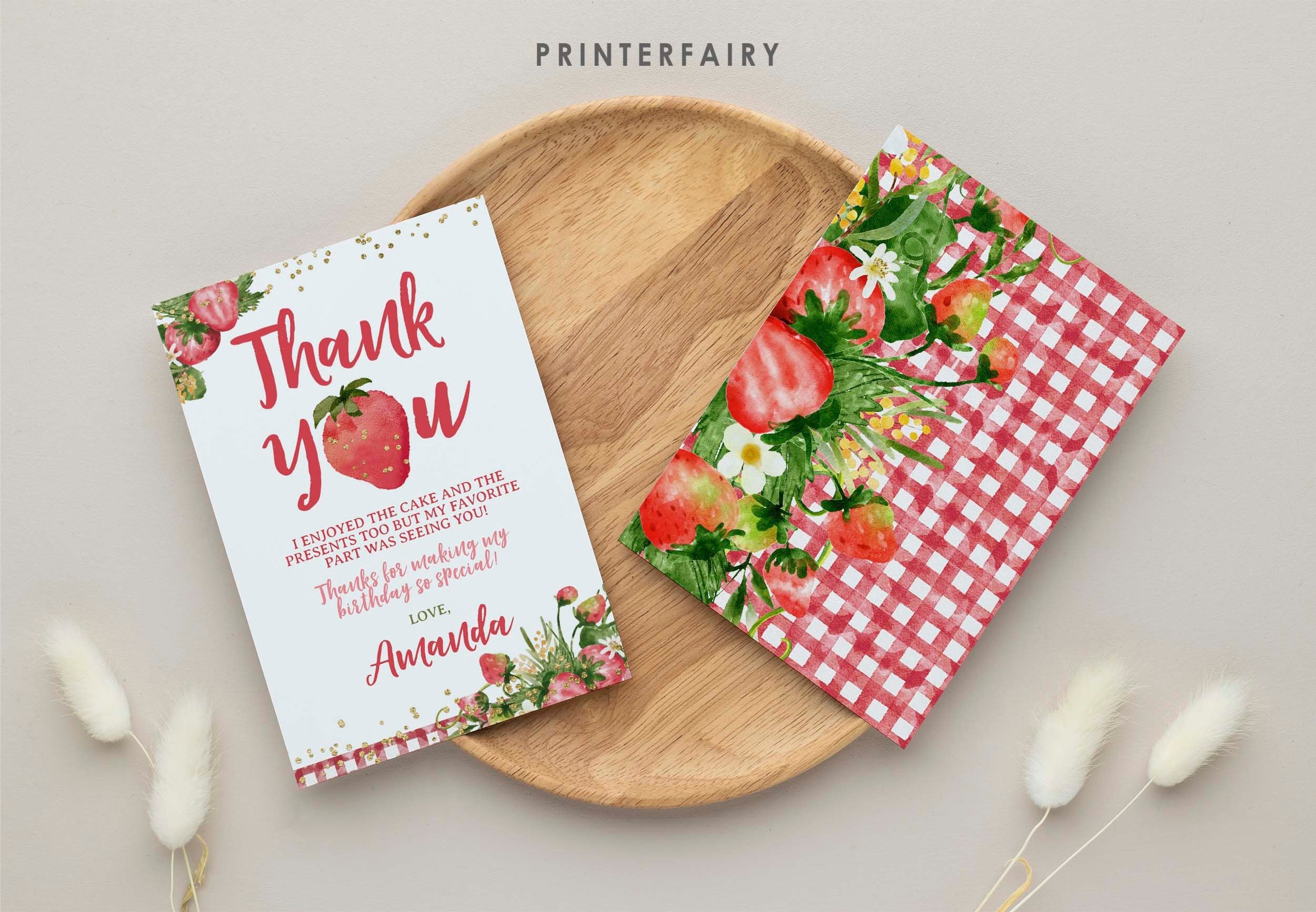 Strawberry Thank You Cards, Fruit Birthday Party, Editable Notes (Digital Download)