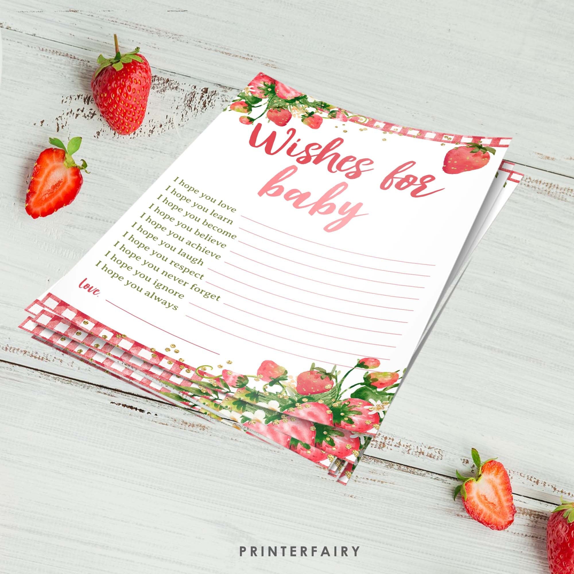 Strawberry Baby Shower Game, Editable Wishes for Baby Cards (Digital Download)