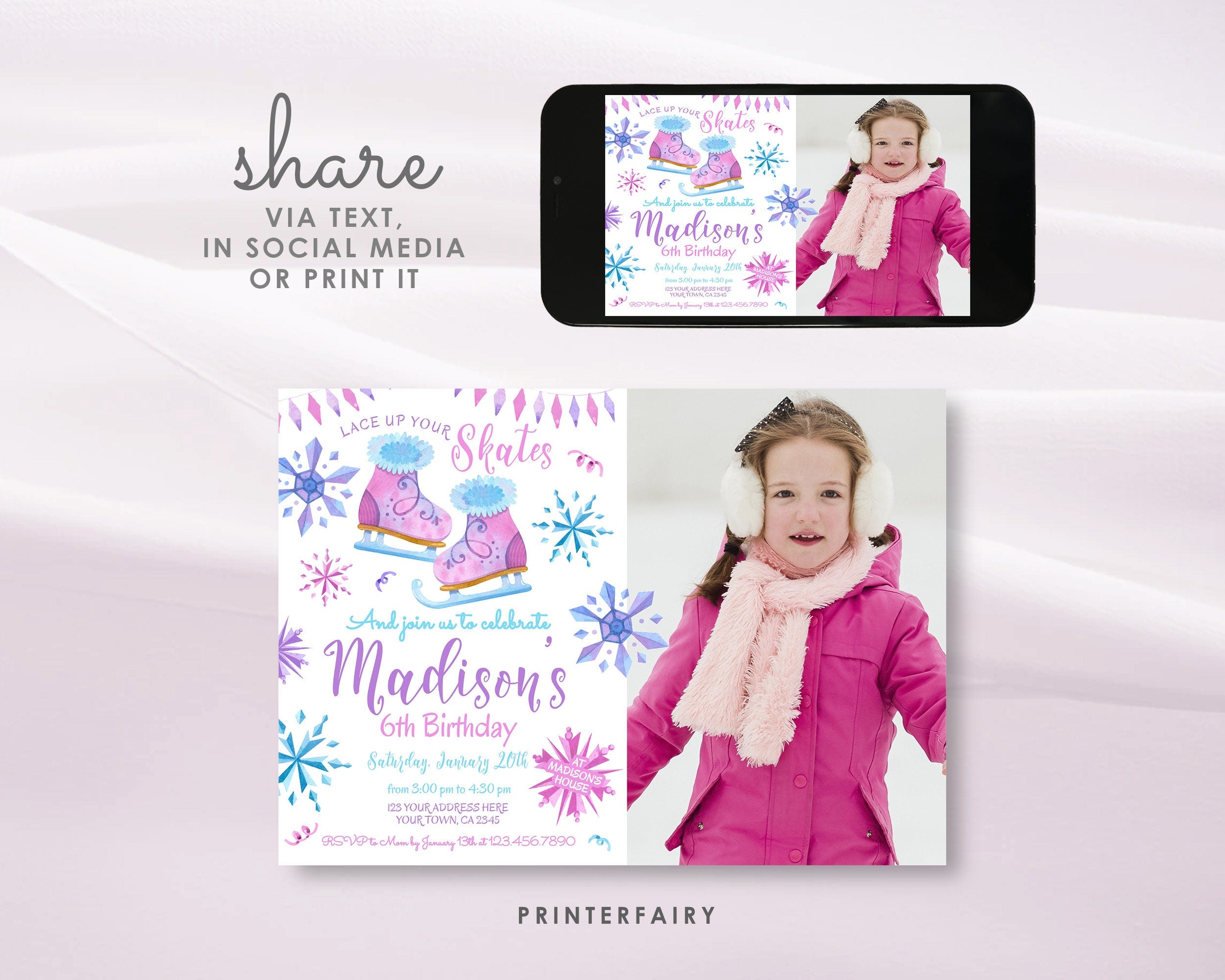 Ice Skating Birthday Party Invitation with Photo, Winter Wonderland Invite (Digital Download)