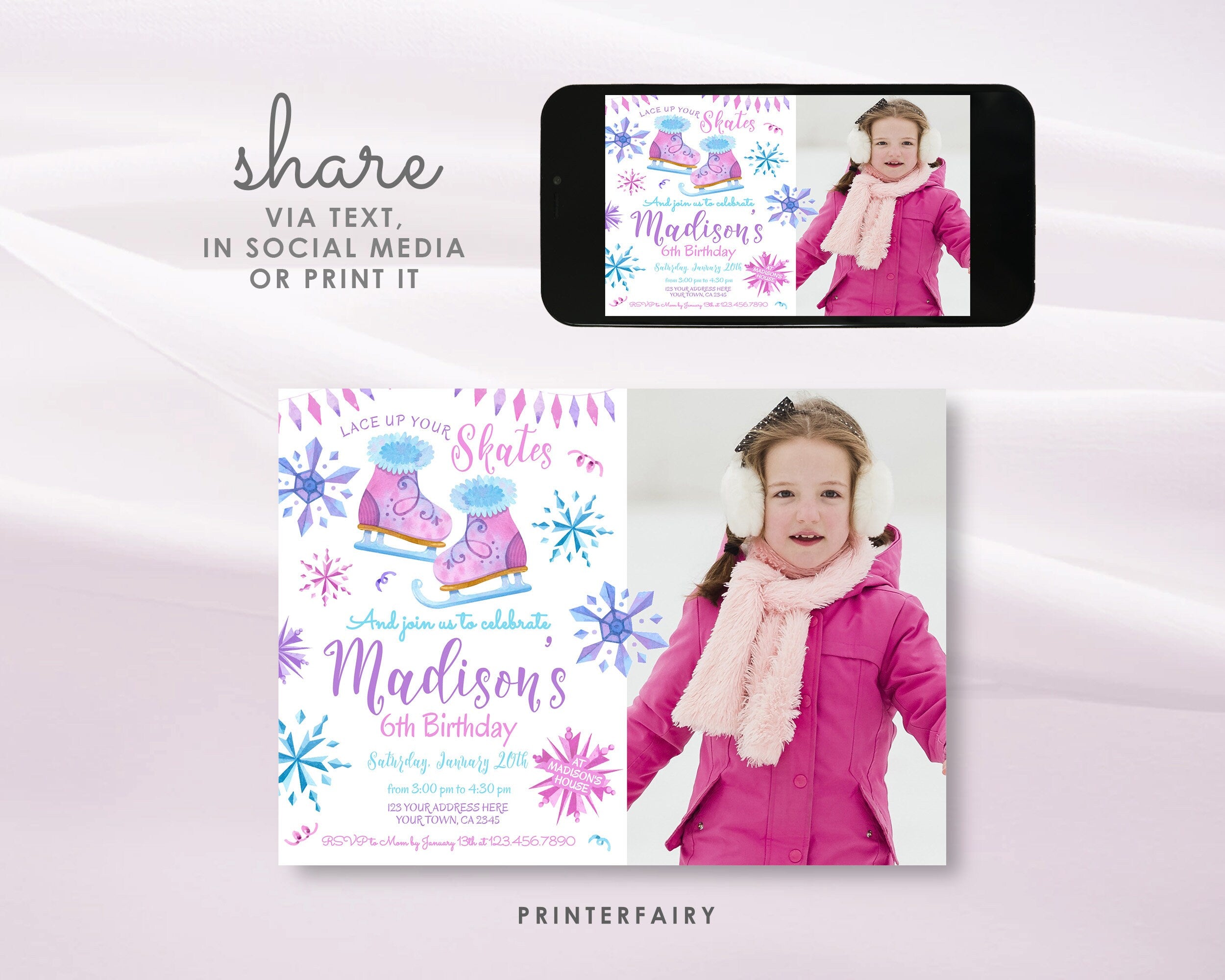 Ice Skating Birthday Party Invitation with Photo, Winter Wonderland Invite (Digital Download)