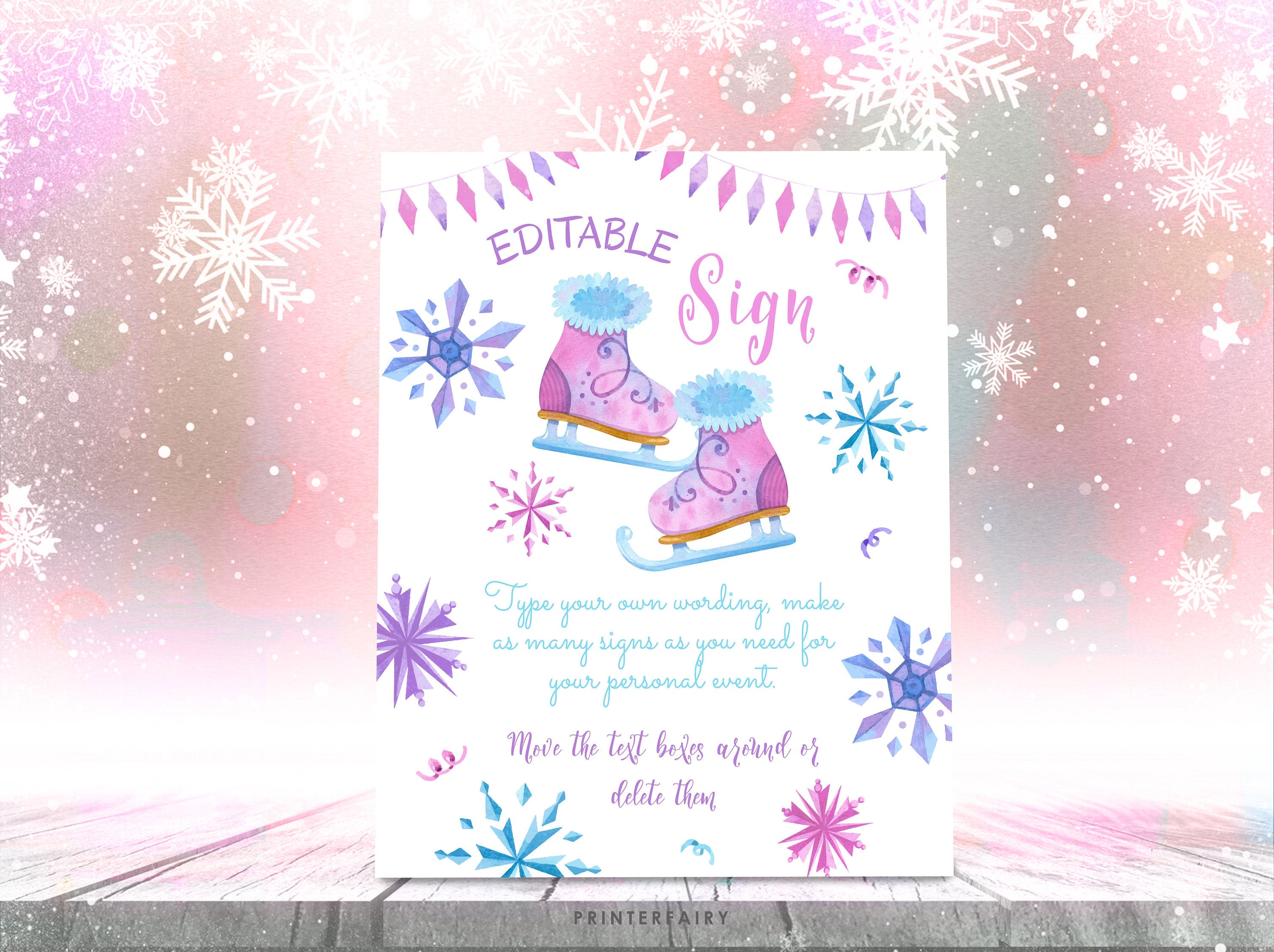 Ice Skating Birthday Sign, Winter Wonderland Decoration (Printable, Instant Download)