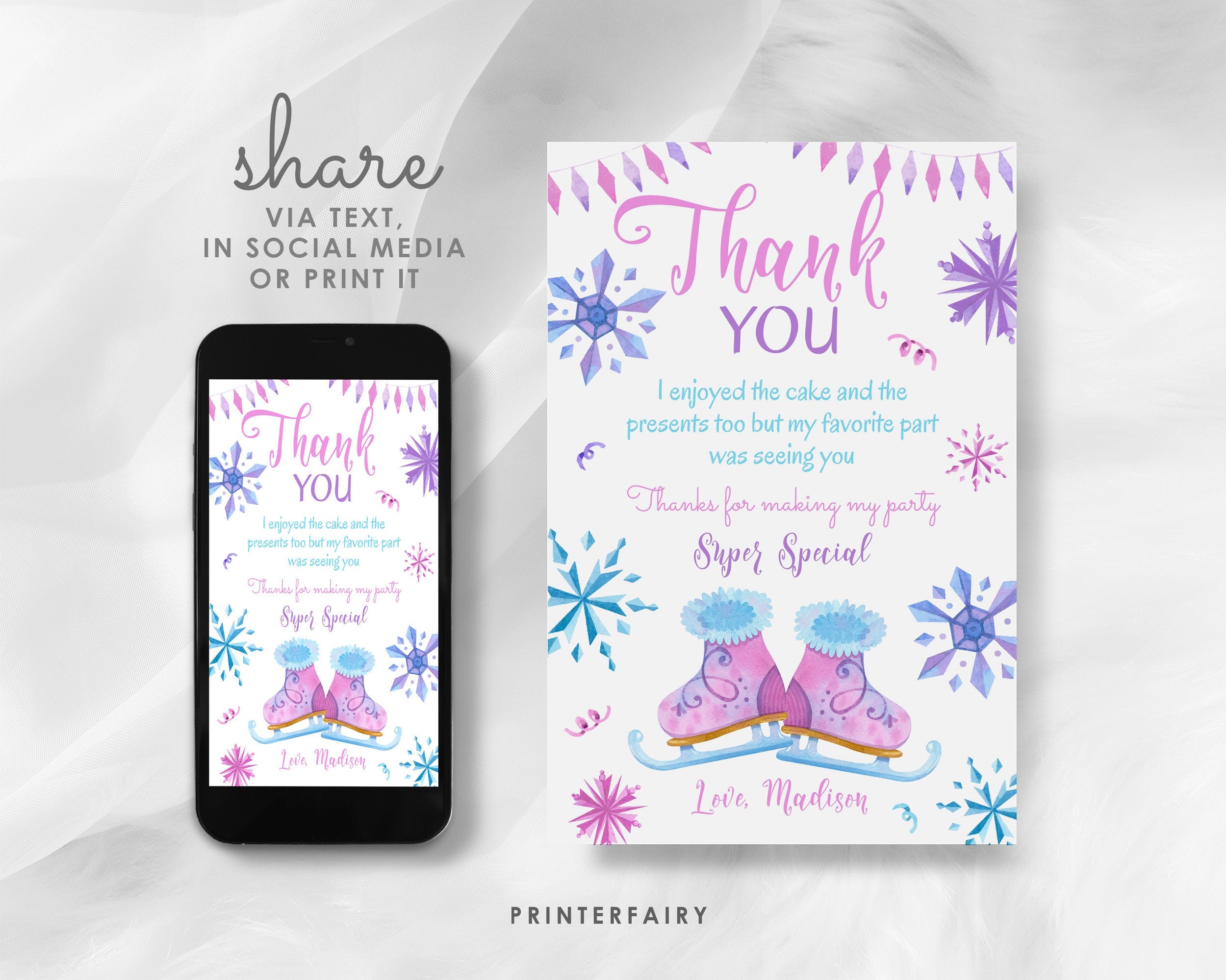 Ice Skating Thank You Card, Winter Wonderland, Snowflake Birthday (Printable, Instant Download)