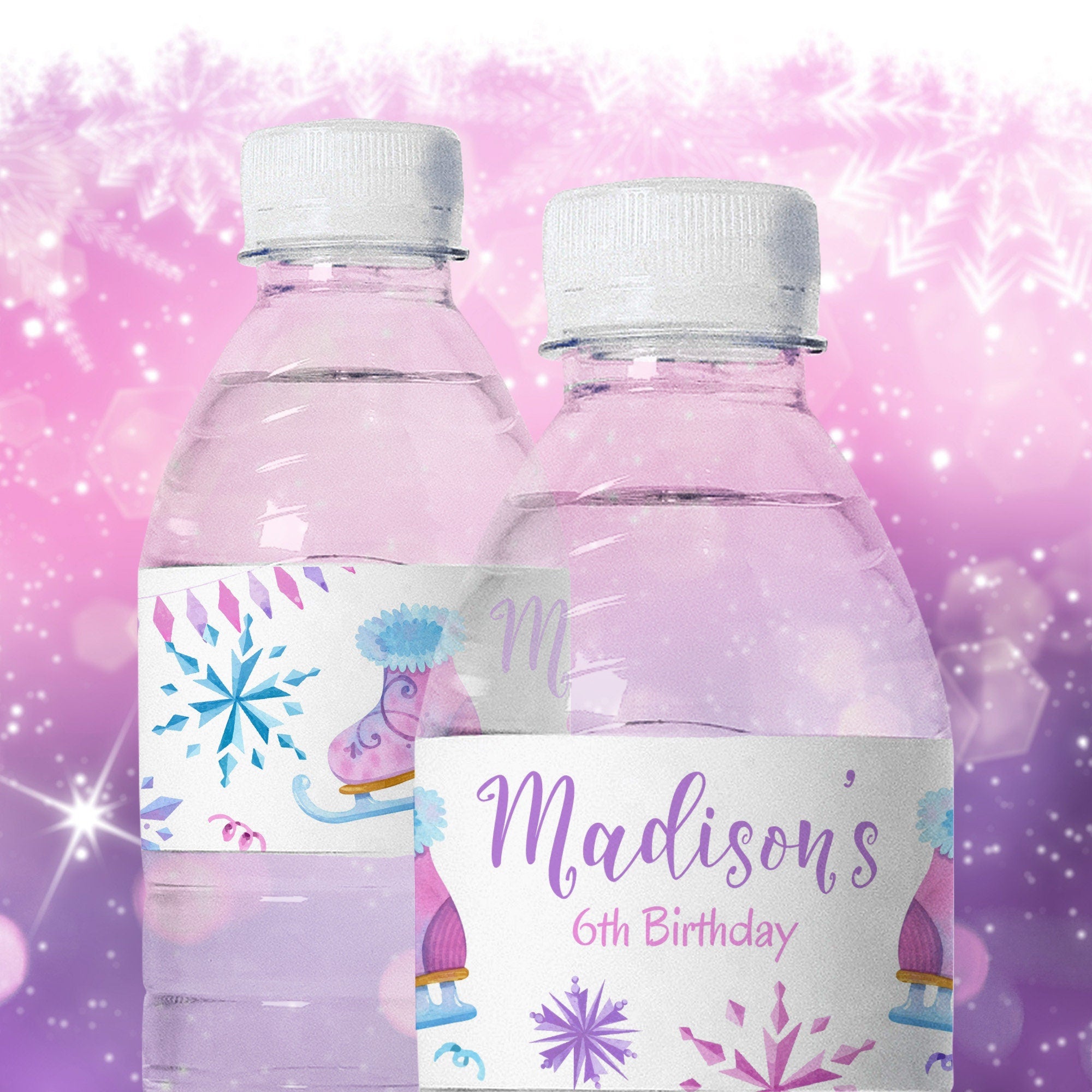 Ice Skating Birthday Water Bottle Label, Winter Wonderland Decor (Editable, Instant Download)