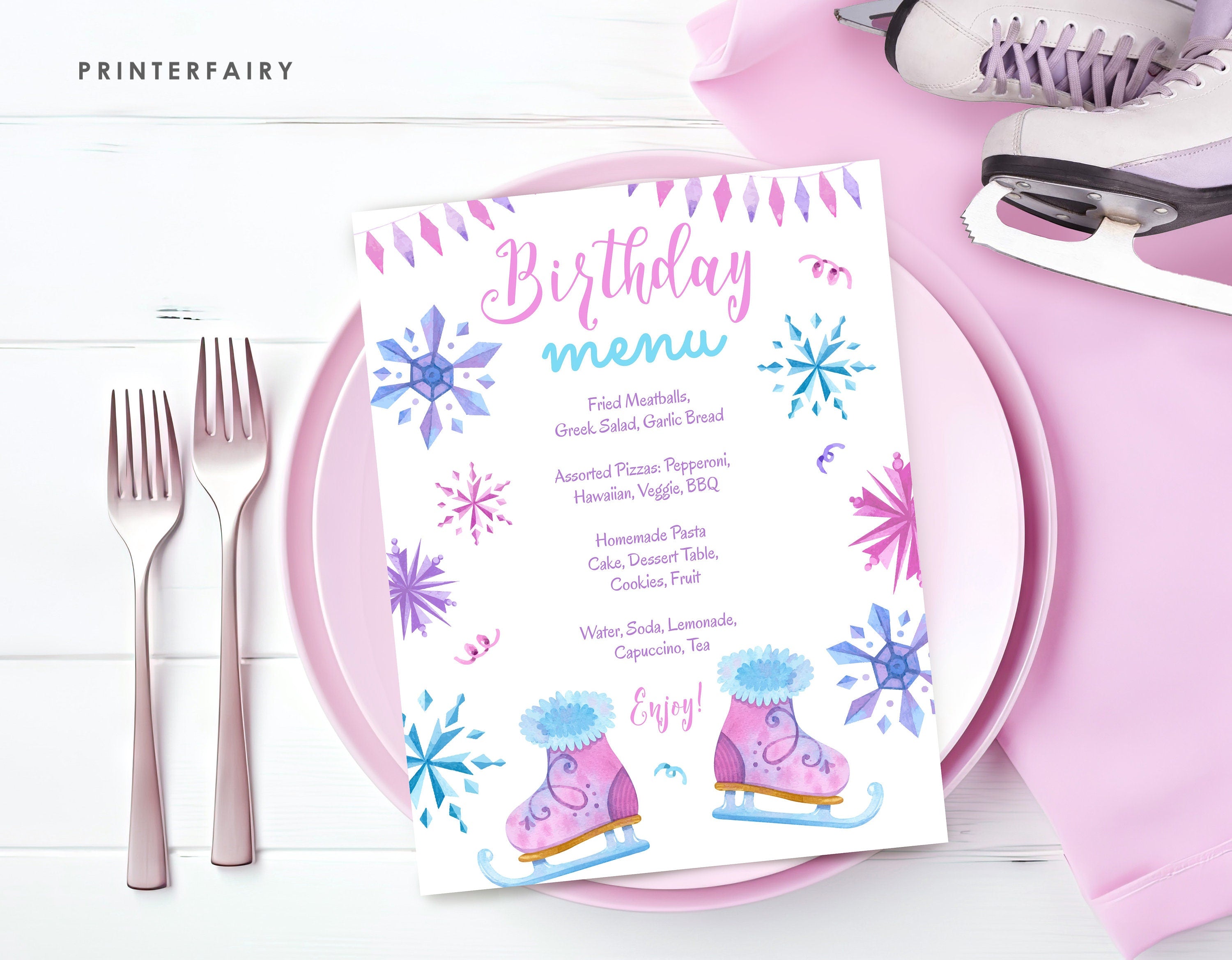 Ice Skating Birthday Party Menu, Winter Wonderland Decor (Editable, Printable)