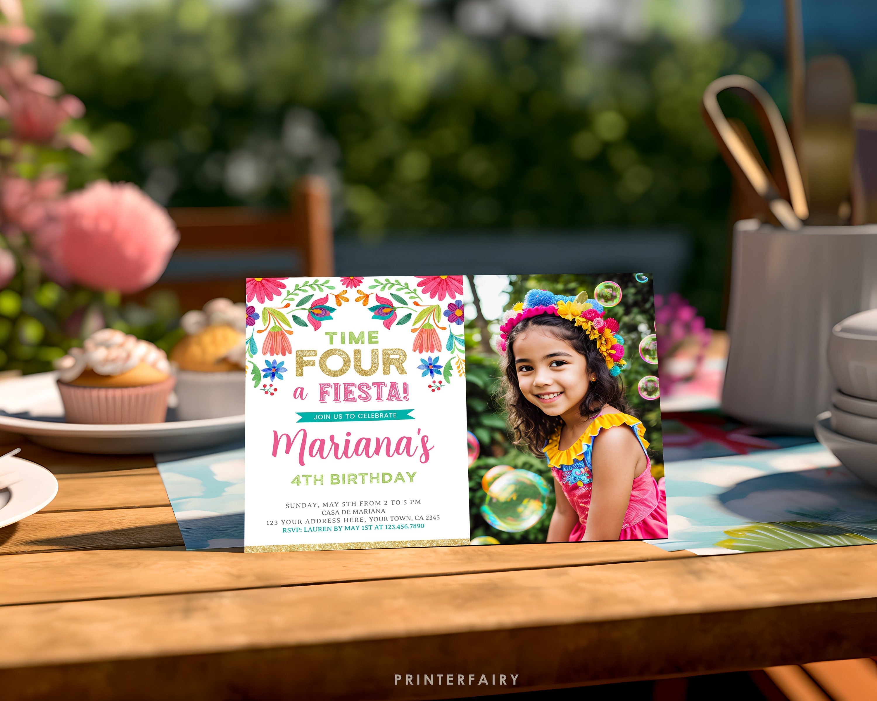 Floral Fiesta 4th Birthday Invitation with Photo (Digital Download)